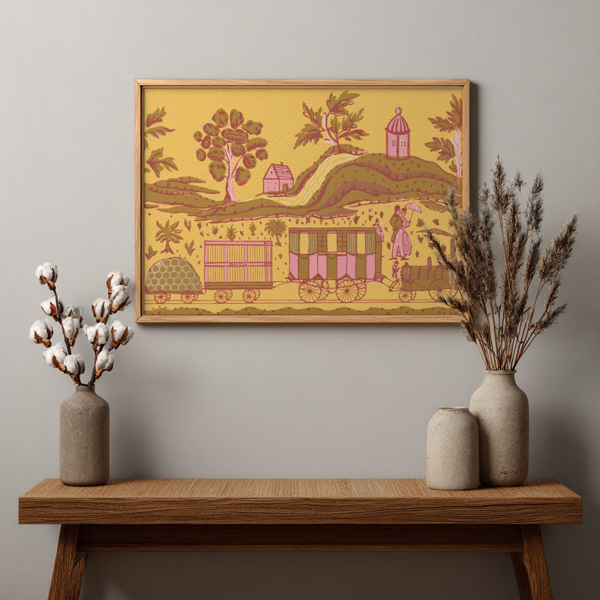 Vintage toile art print of a pastoral train scene by Martin Partyka, featuring a train, figures, and