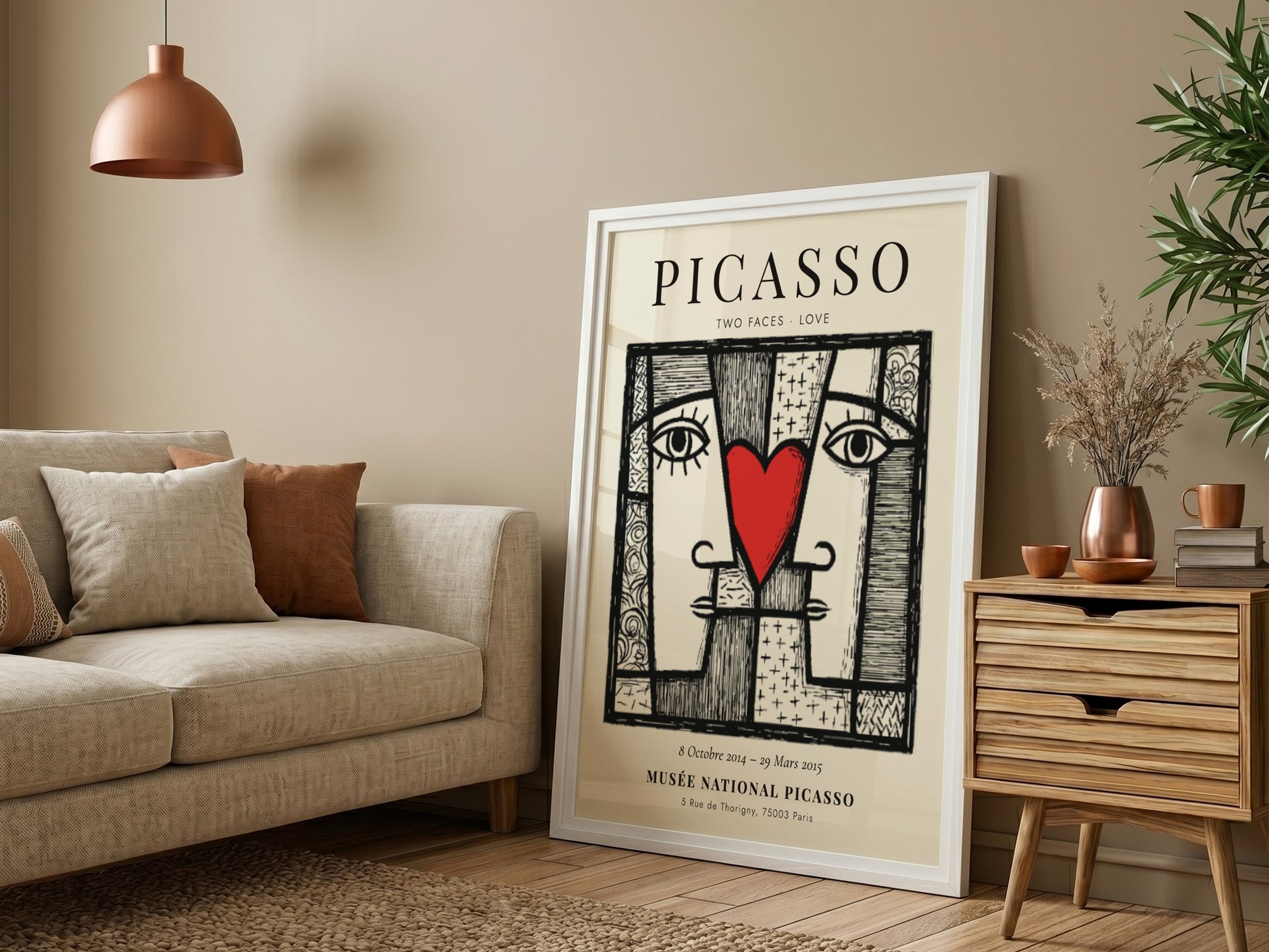 Picasso inspired poster featuring two abstract faces and a red heart, perfect for modern wall decor.