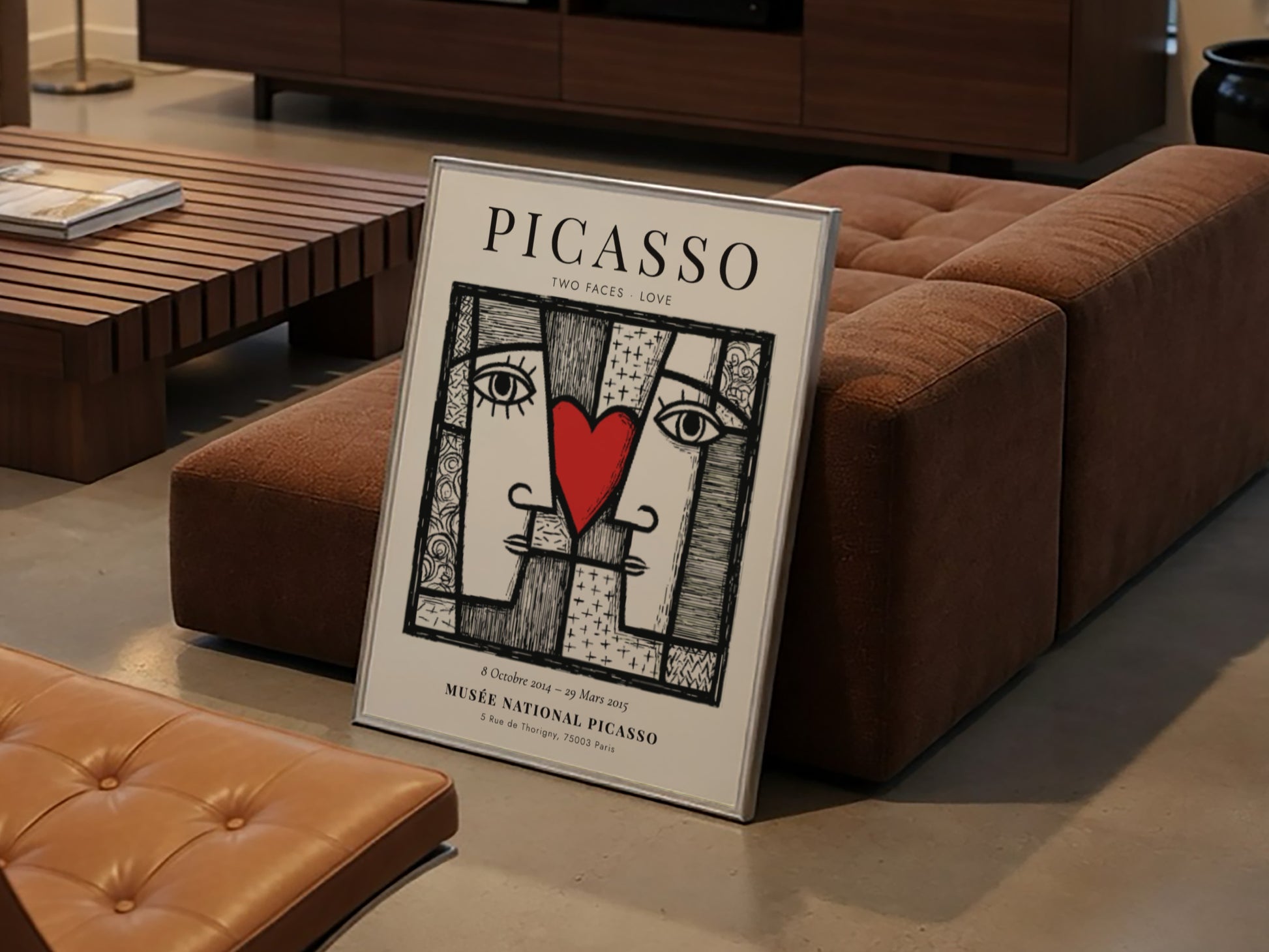 Picasso inspired poster featuring two abstract faces and a red heart, perfect for modern wall decor.