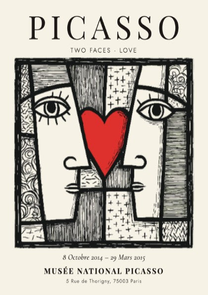 Picasso inspired poster featuring two abstract faces and a red heart, perfect for modern wall decor.