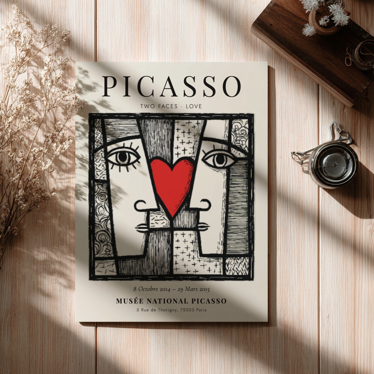Picasso inspired poster featuring two abstract faces and a red heart, perfect for modern wall decor.