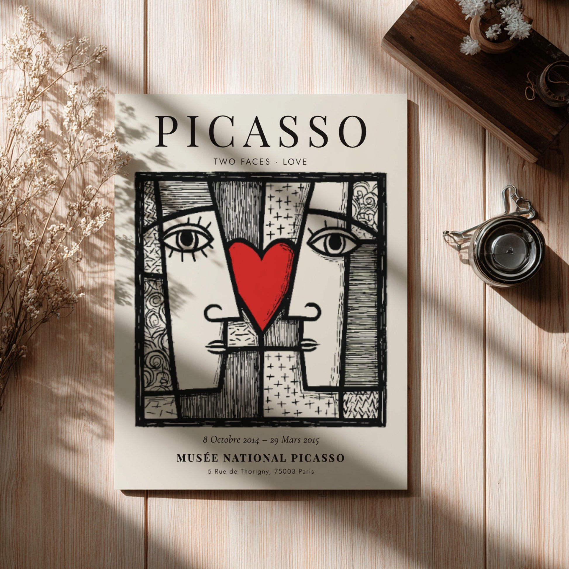 Picasso inspired poster featuring two abstract faces and a red heart, perfect for modern wall decor.