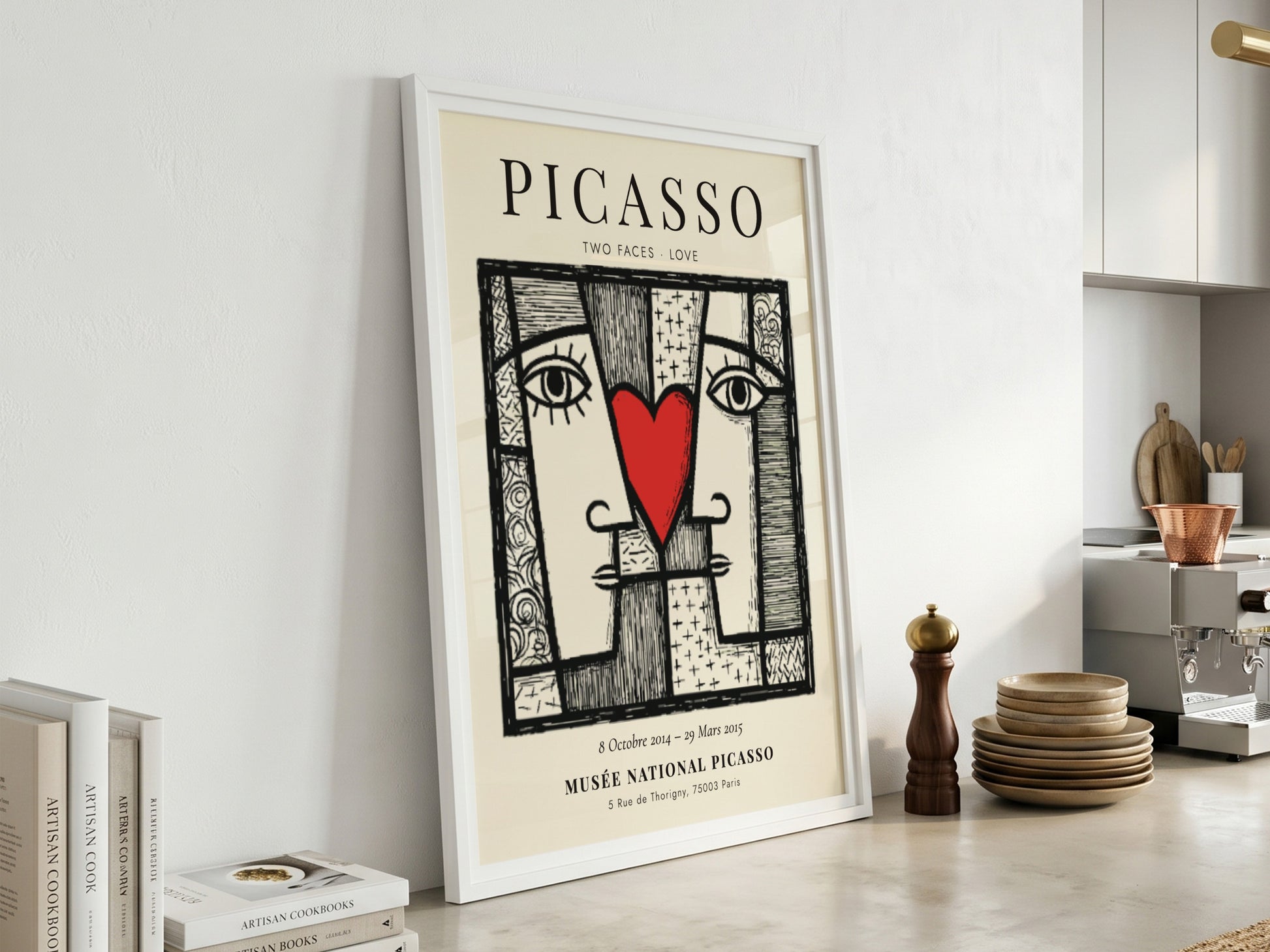 Picasso inspired poster featuring two abstract faces and a red heart, perfect for modern wall decor.