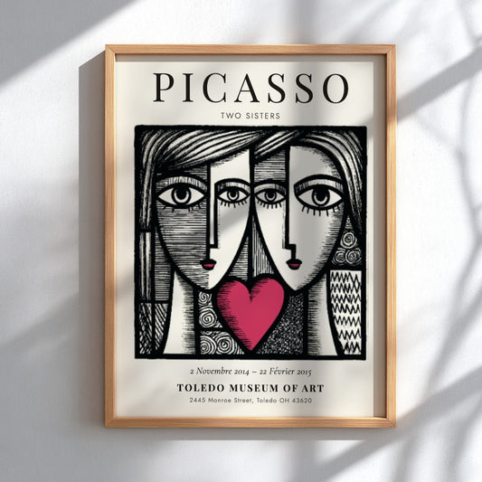 Two Sisters poster inspired by Picasso featuring bold lines and vibrant colors in a modern style