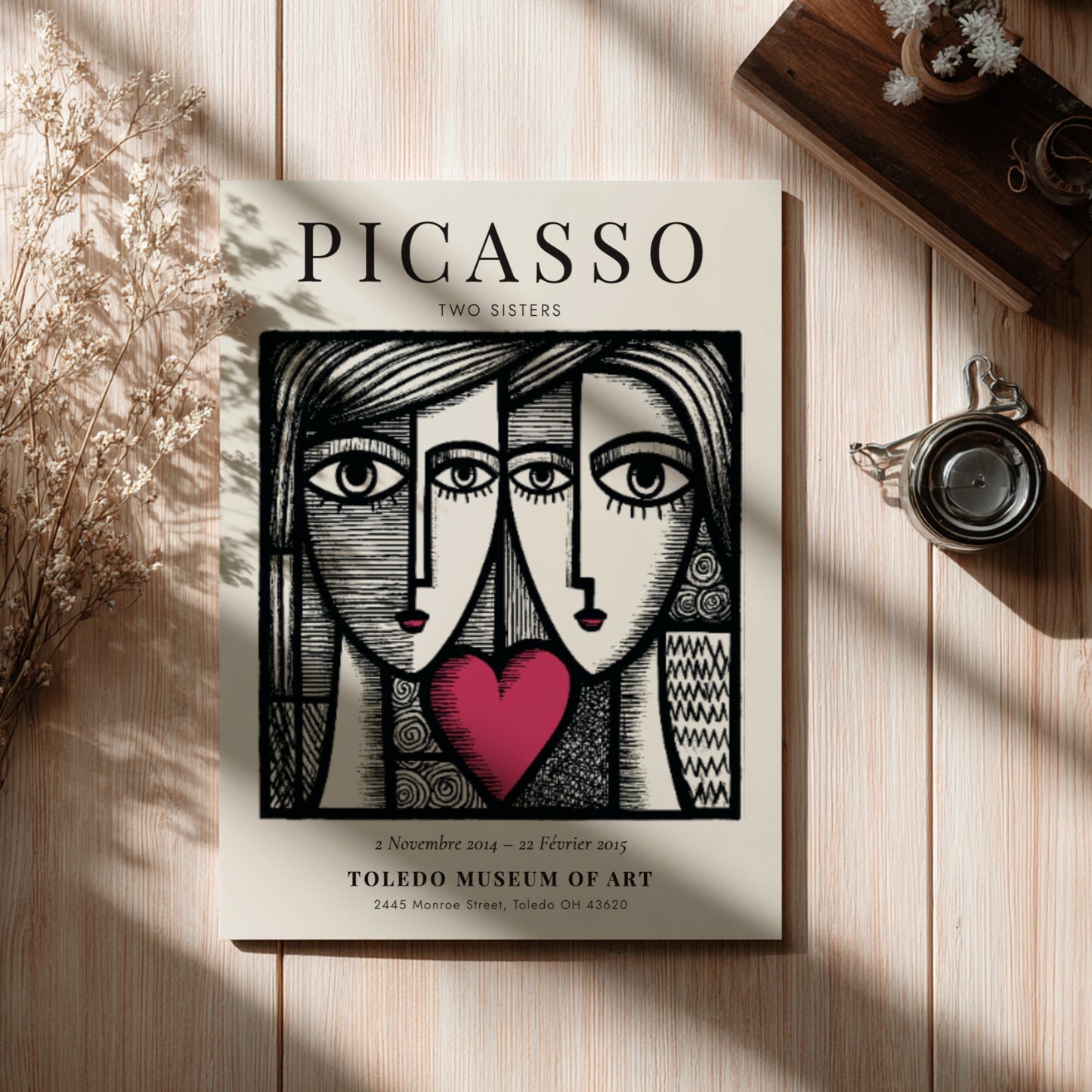 Two Sisters poster inspired by Picasso featuring bold lines and vibrant colors in a modern style