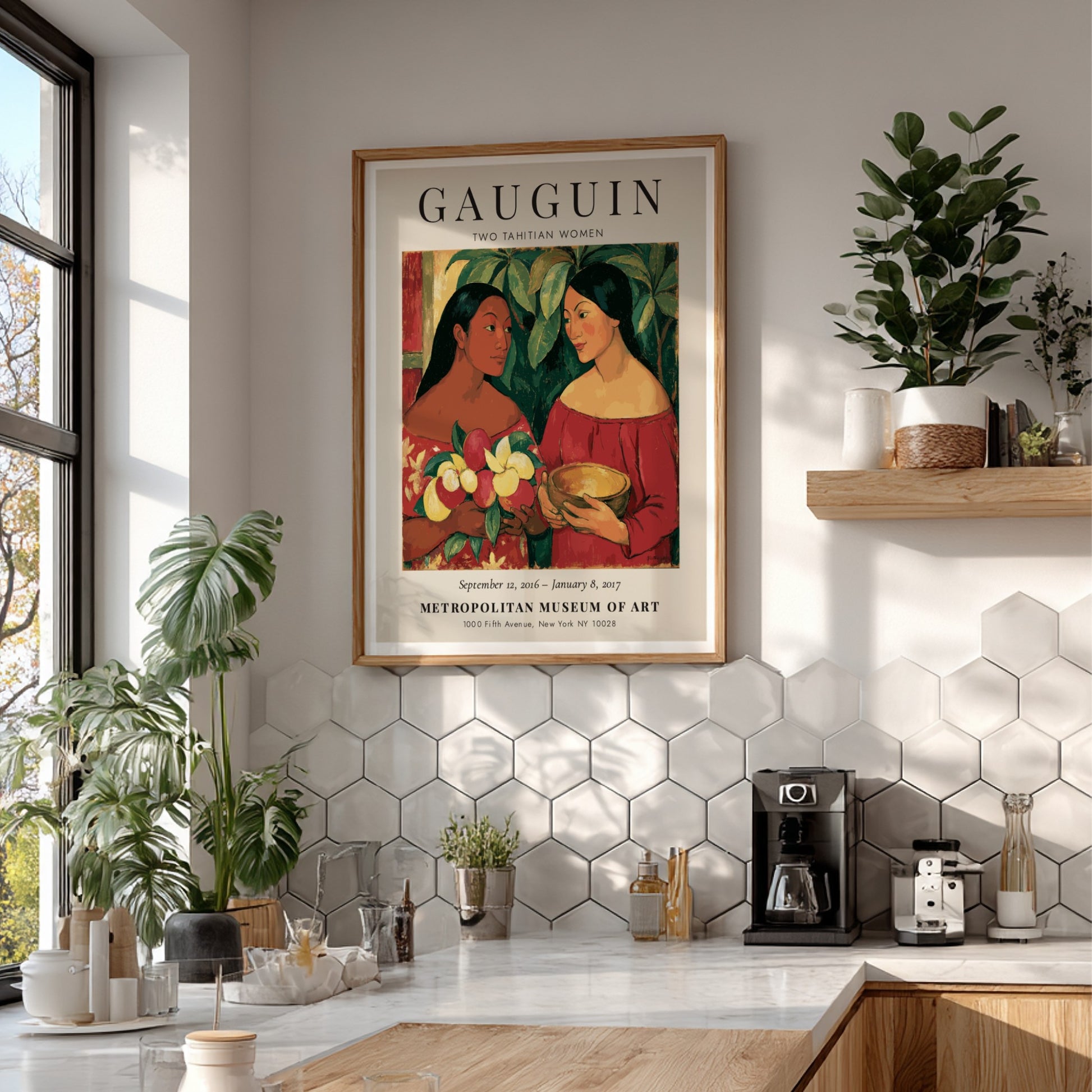 Gauguin Exhibition Poster featuring Two Tahitian Women with vibrant colors and tropical theme