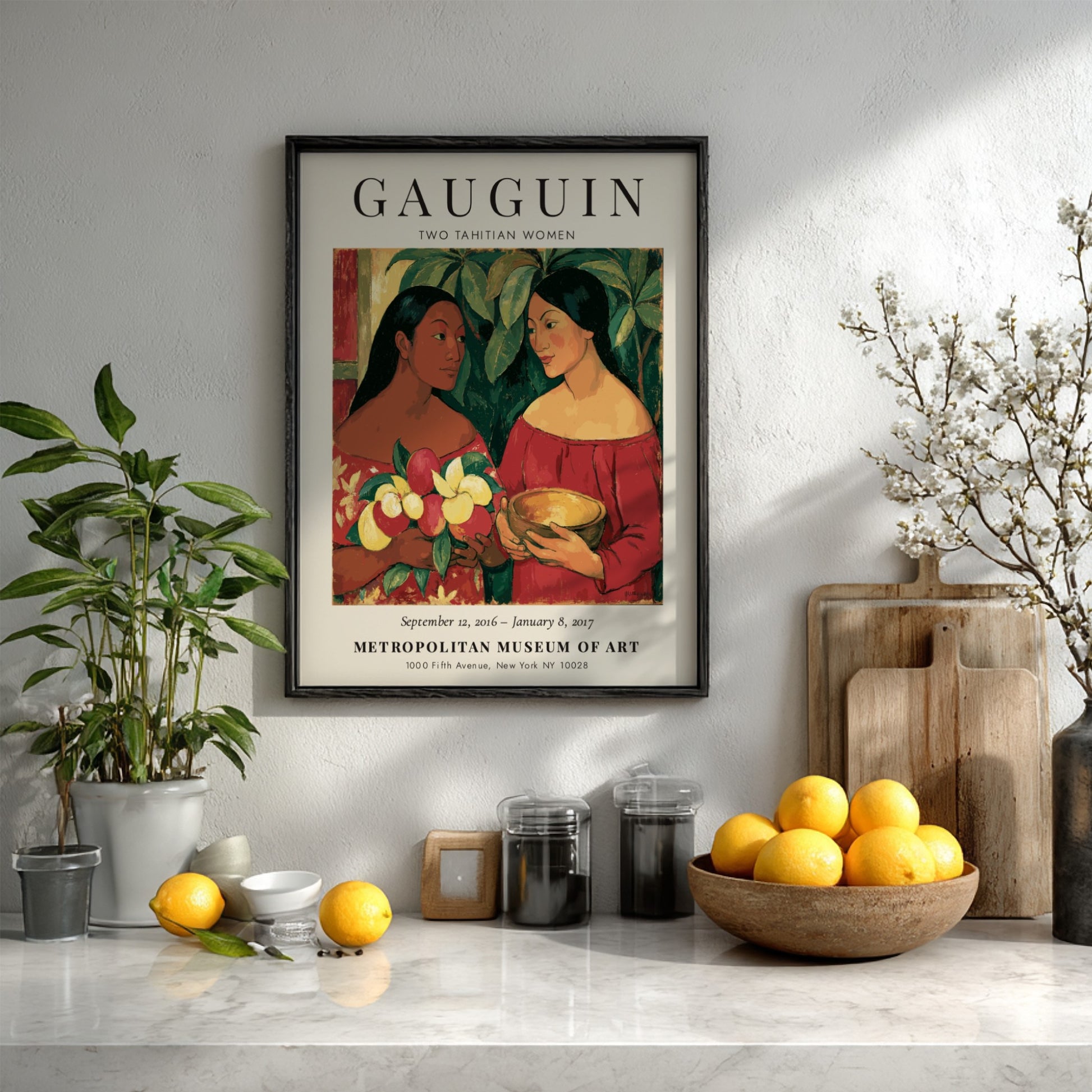 Gauguin Exhibition Poster featuring Two Tahitian Women with vibrant colors and tropical theme