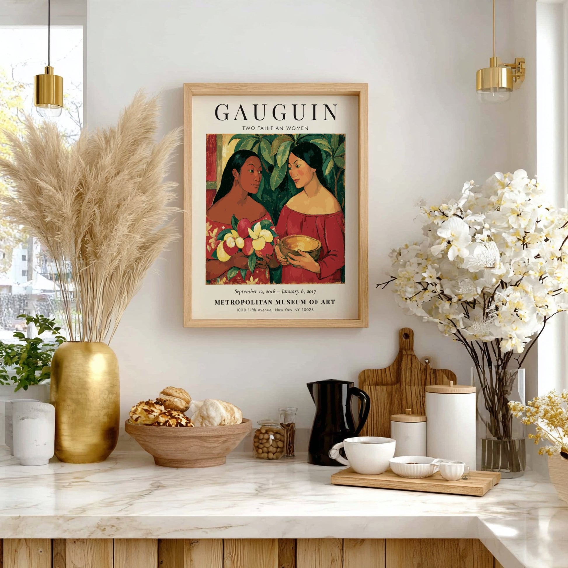 Gauguin Exhibition Poster featuring Two Tahitian Women with vibrant colors and tropical theme