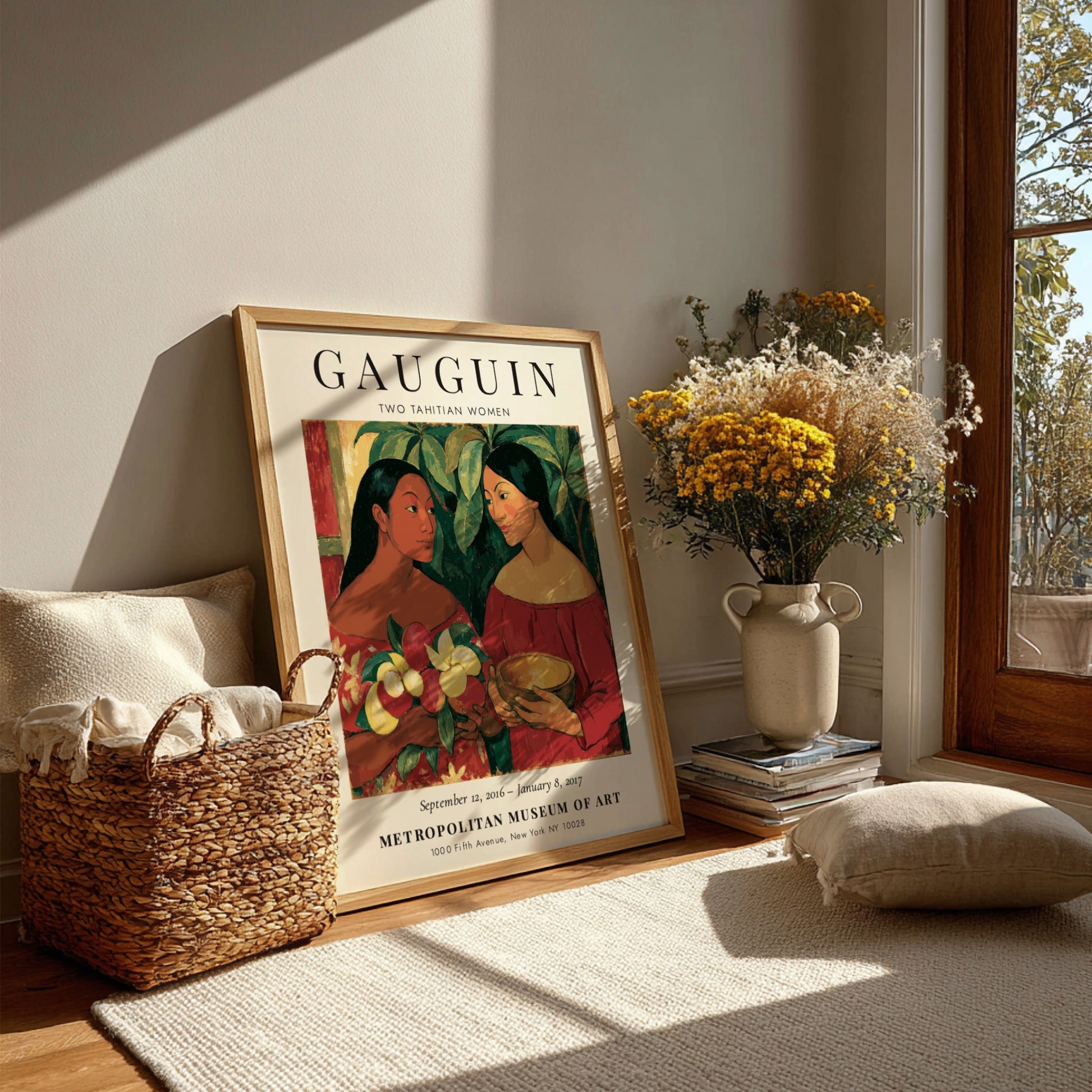 Gauguin Exhibition Poster featuring Two Tahitian Women with vibrant colors and tropical theme