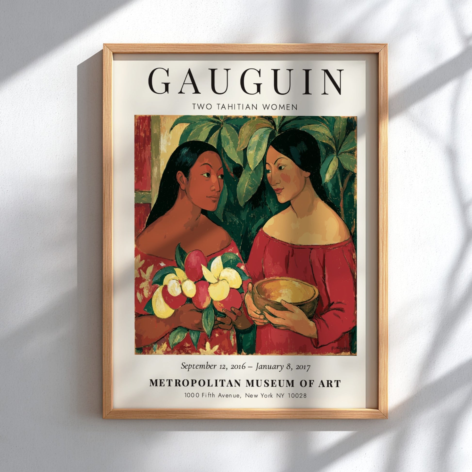 Gauguin Exhibition Poster featuring Two Tahitian Women with vibrant colors and tropical theme