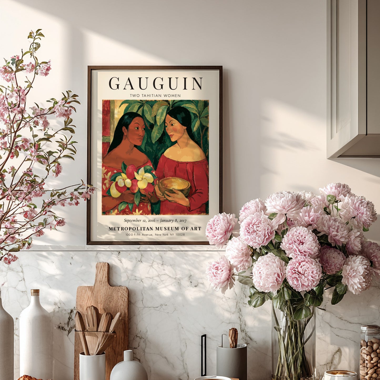 Gauguin Exhibition Poster featuring Two Tahitian Women with vibrant colors and tropical theme