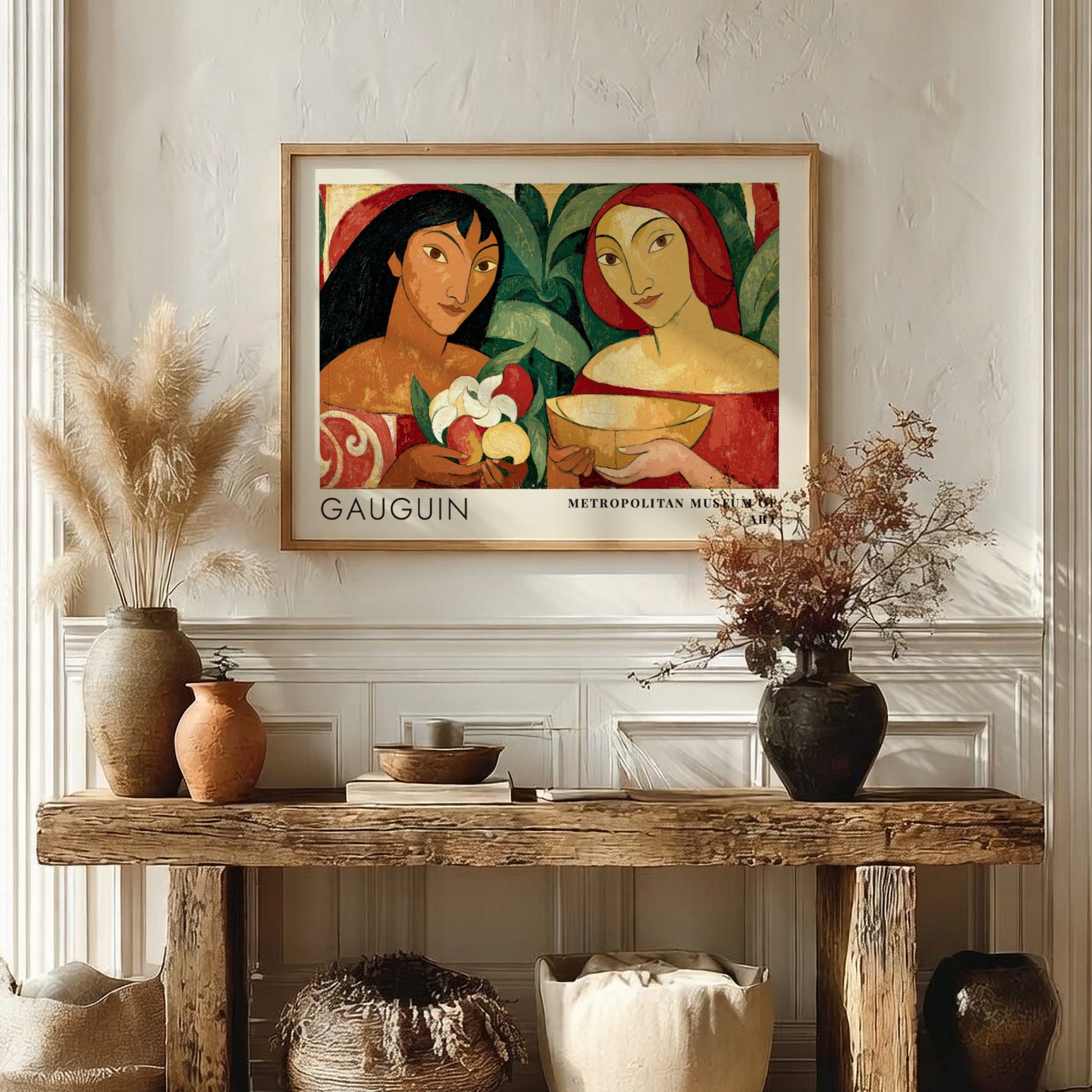 Wall art poster featuring Gauguin's Two Tahitian Women in rich earthy tones and colors.