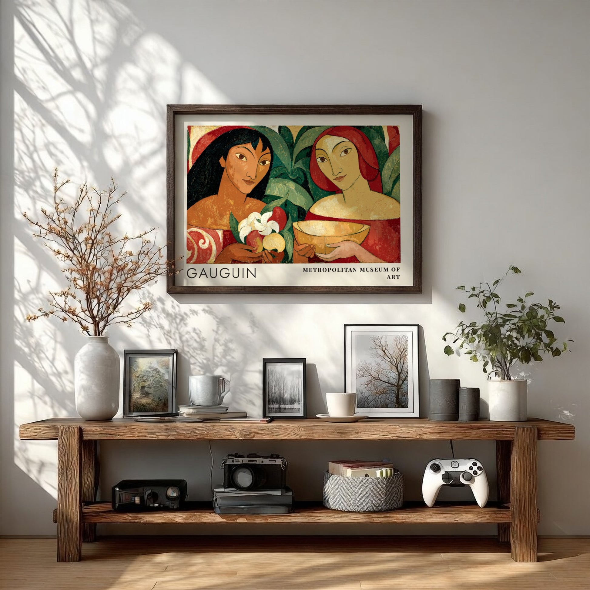 Wall art poster featuring Gauguin's Two Tahitian Women in rich earthy tones and colors.
