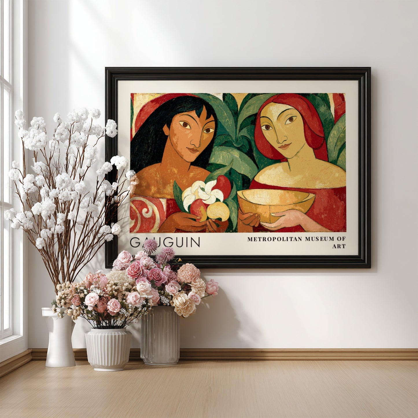 Wall art poster featuring Gauguin's Two Tahitian Women in rich earthy tones and colors.