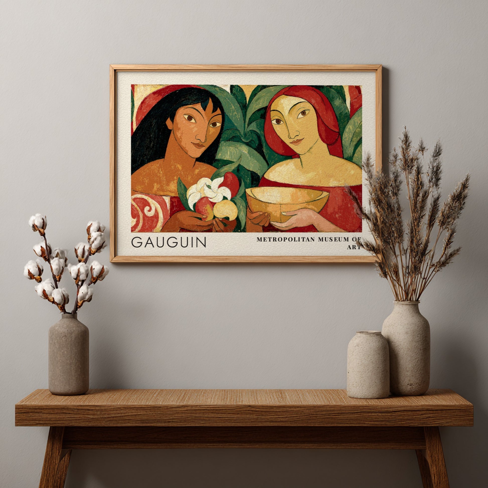 Wall art poster featuring Gauguin's Two Tahitian Women in rich earthy tones and colors.