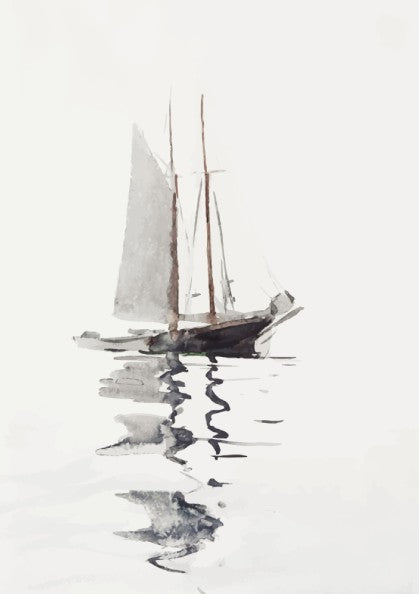 Watercolor poster of Winslow Homer's 'Two-masted Schooner with Dory' with its reflection.