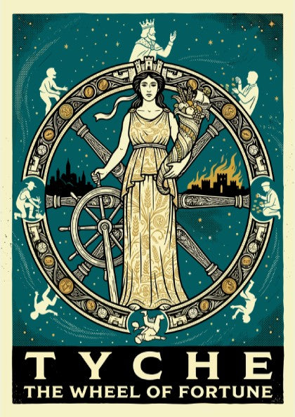 Vintage style poster of Tyche, the Greek goddess of fortune, at the center of a turning wheel, with celestial