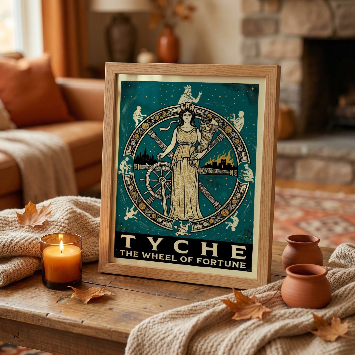 Vintage style poster of Tyche, the Greek goddess of fortune, at the center of a turning wheel, with celestial
