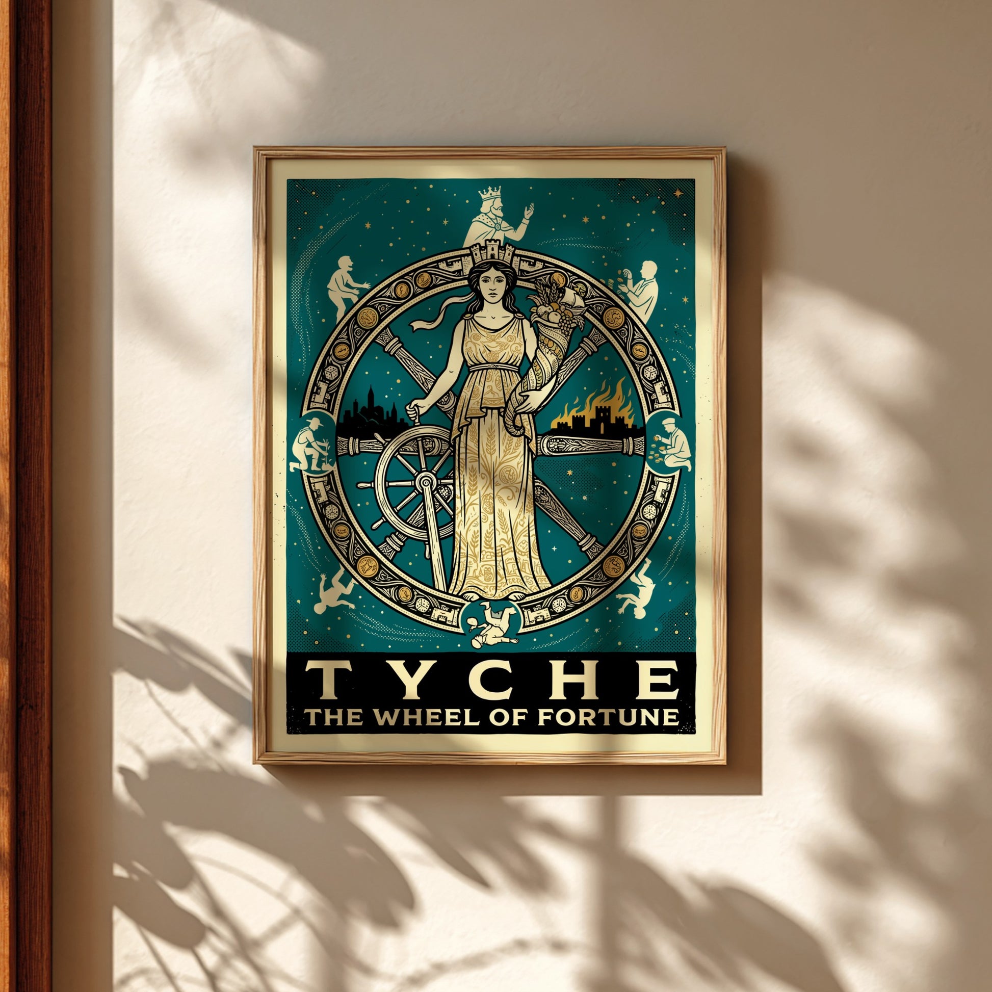 Vintage style poster of Tyche, the Greek goddess of fortune, at the center of a turning wheel, with celestial