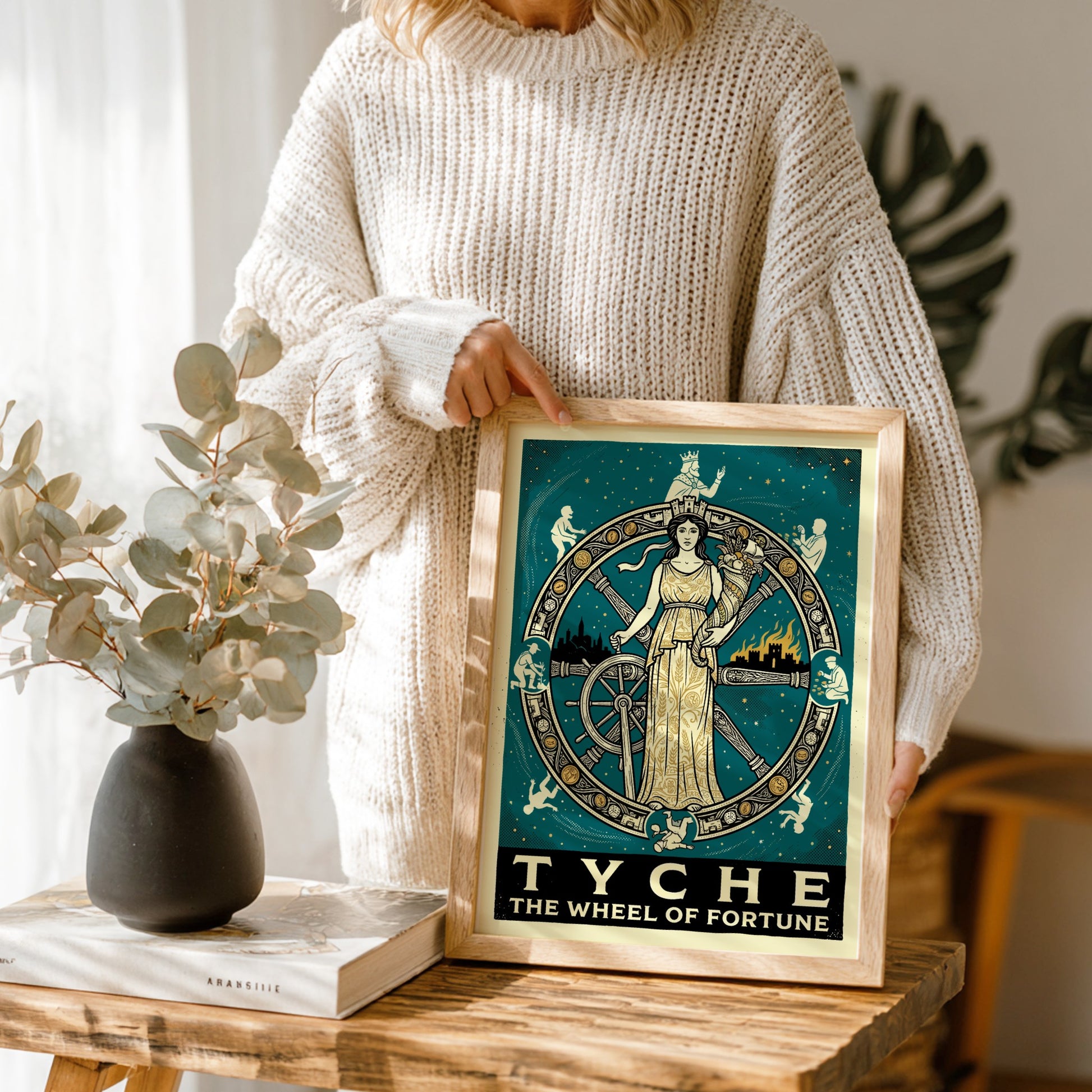 Vintage style poster of Tyche, the Greek goddess of fortune, at the center of a turning wheel, with celestial