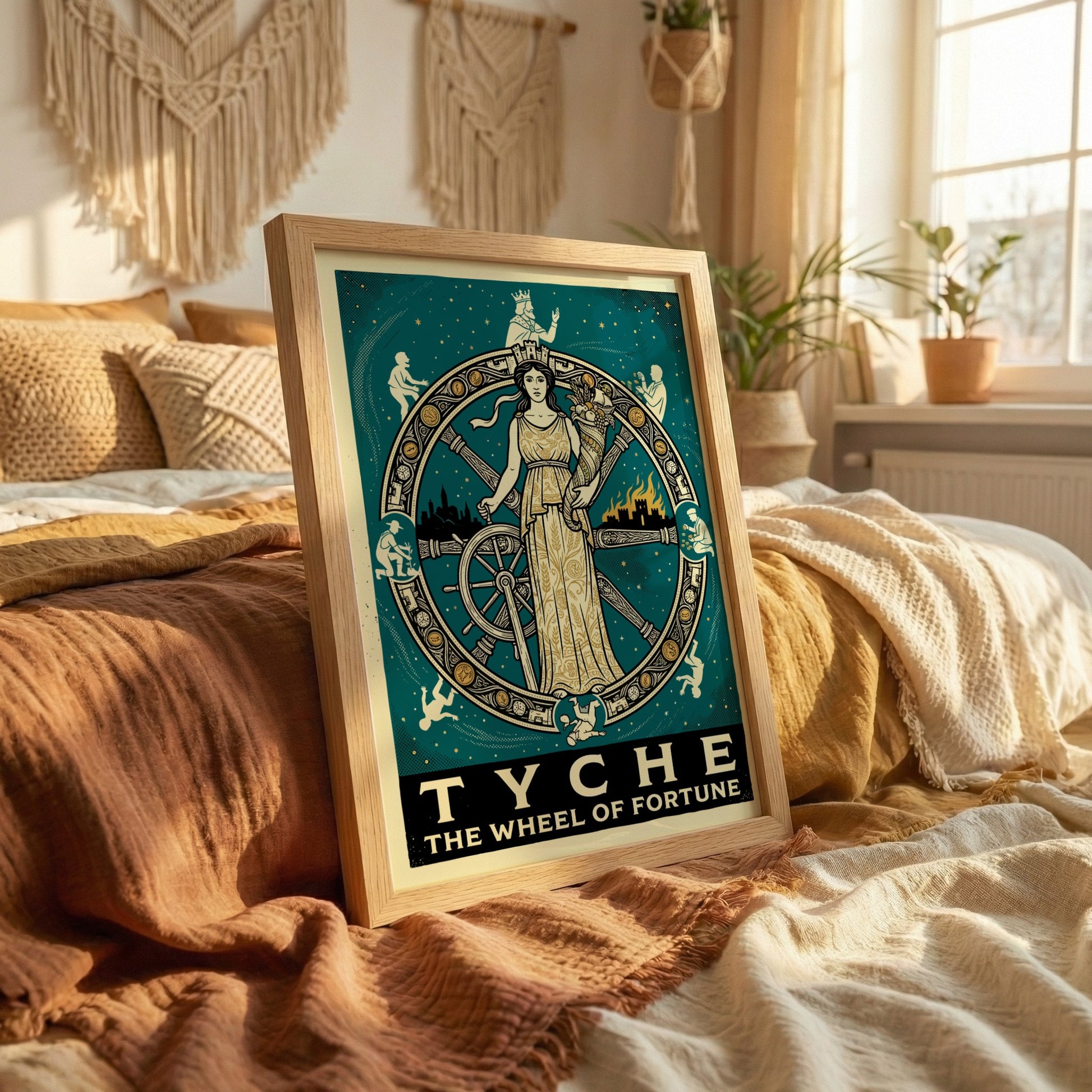 Vintage style poster of Tyche, the Greek goddess of fortune, at the center of a turning wheel, with celestial