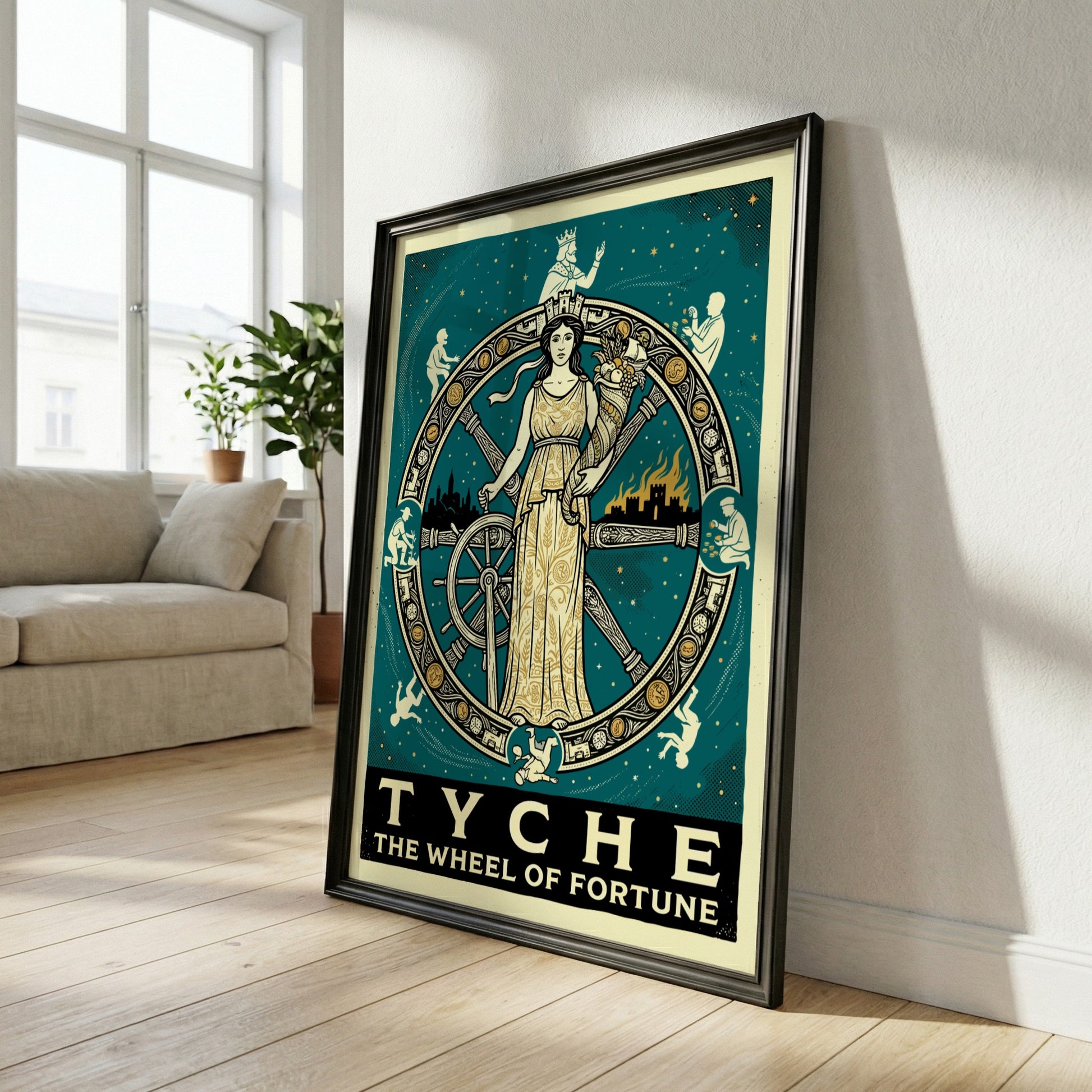 Vintage style poster of Tyche, the Greek goddess of fortune, at the center of a turning wheel, with celestial