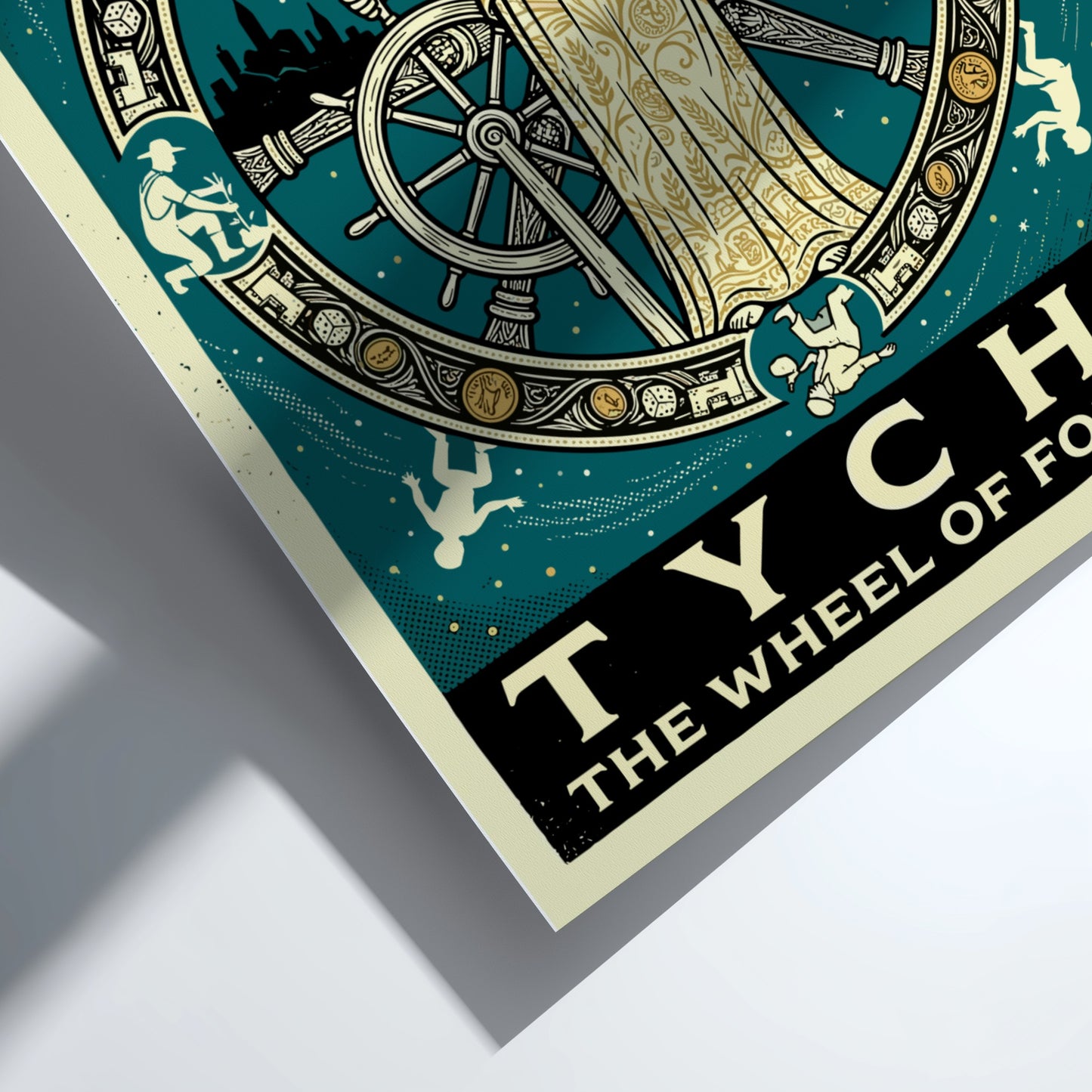 Vintage style poster of Tyche, the Greek goddess of fortune, at the center of a turning wheel, with celestial