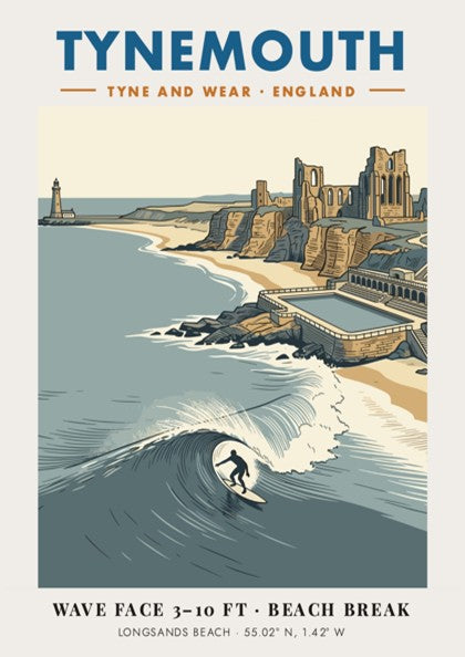 Poster of Tynemouth beach featuring a surfer, priory ruins, lighthouse, and deep blue waves.