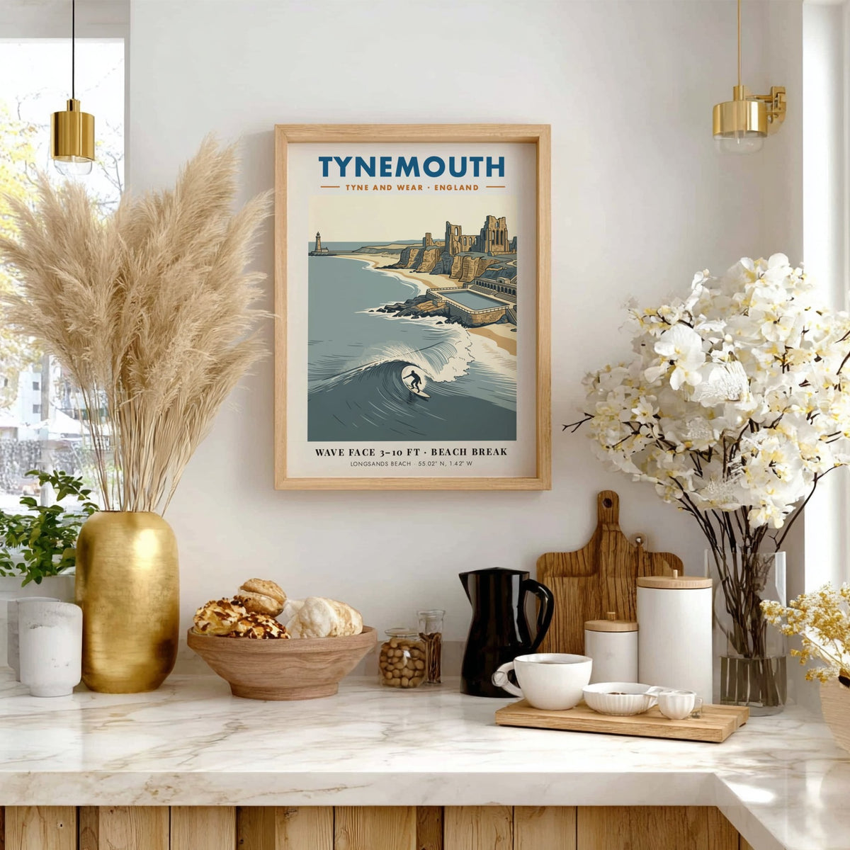 Poster of Tynemouth beach featuring a surfer, priory ruins, lighthouse, and deep blue waves.