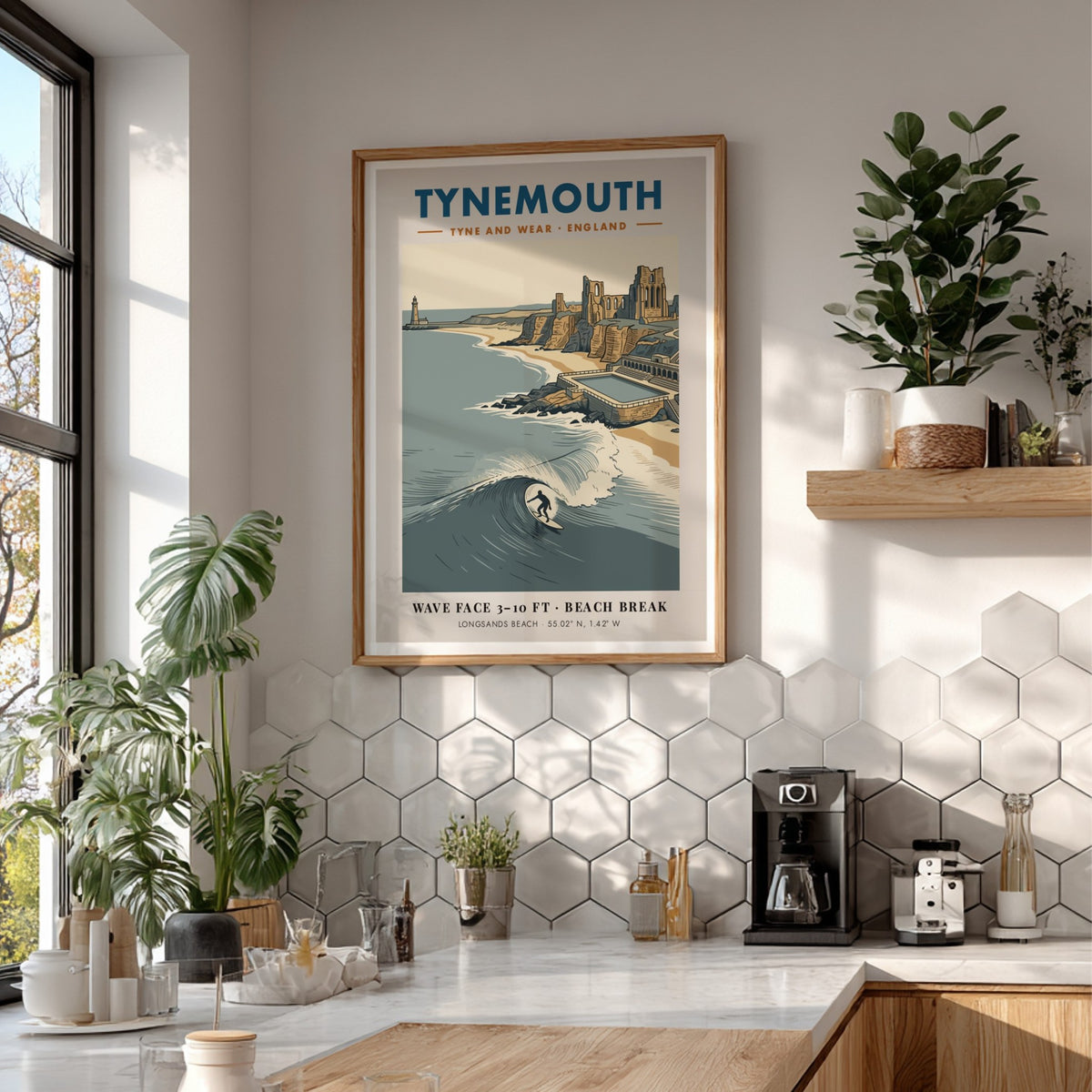 Poster of Tynemouth beach featuring a surfer, priory ruins, lighthouse, and deep blue waves.
