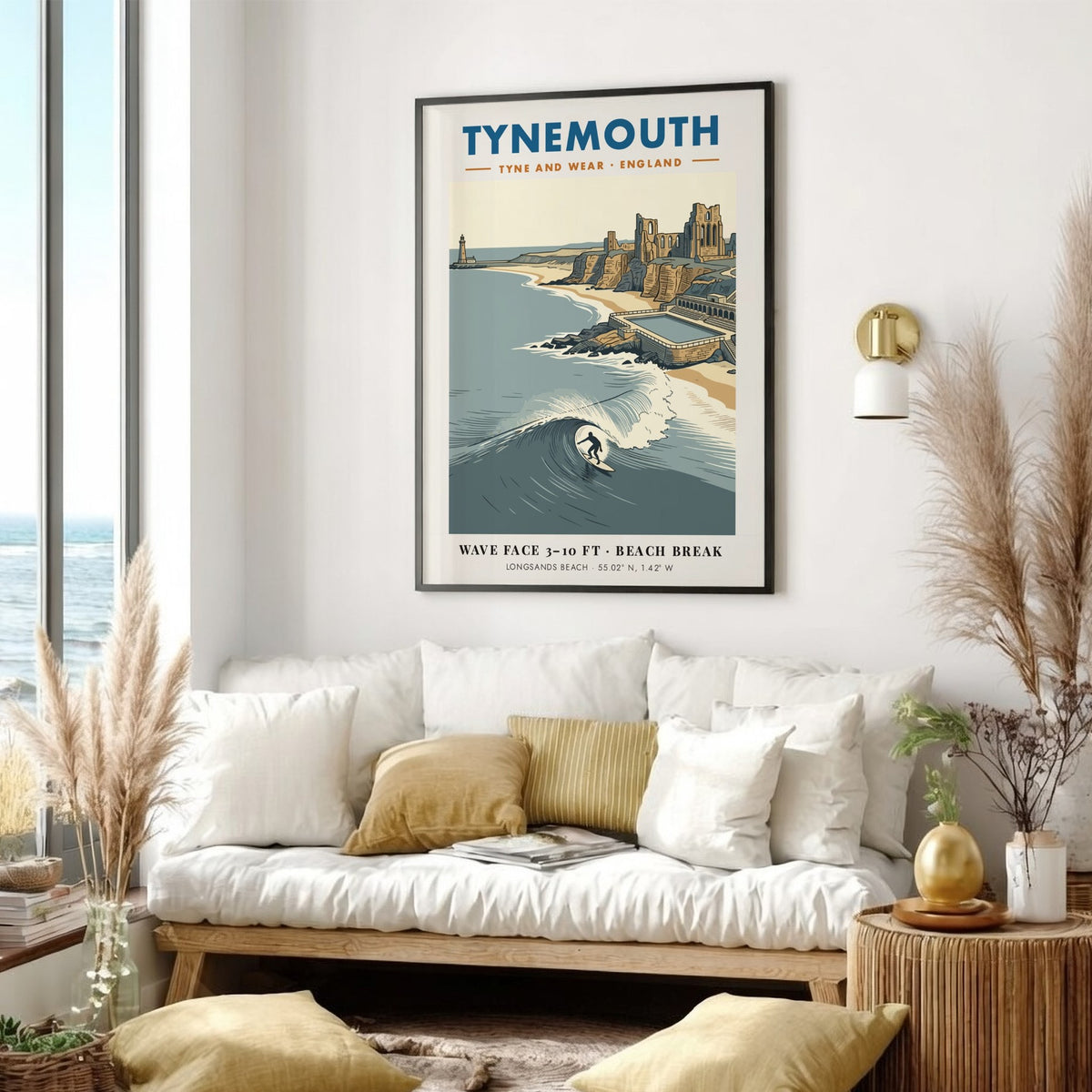 Poster of Tynemouth beach featuring a surfer, priory ruins, lighthouse, and deep blue waves.