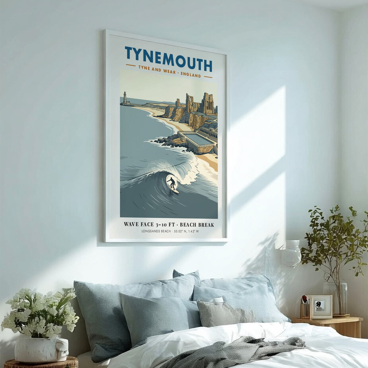 Poster of Tynemouth beach featuring a surfer, priory ruins, lighthouse, and deep blue waves.