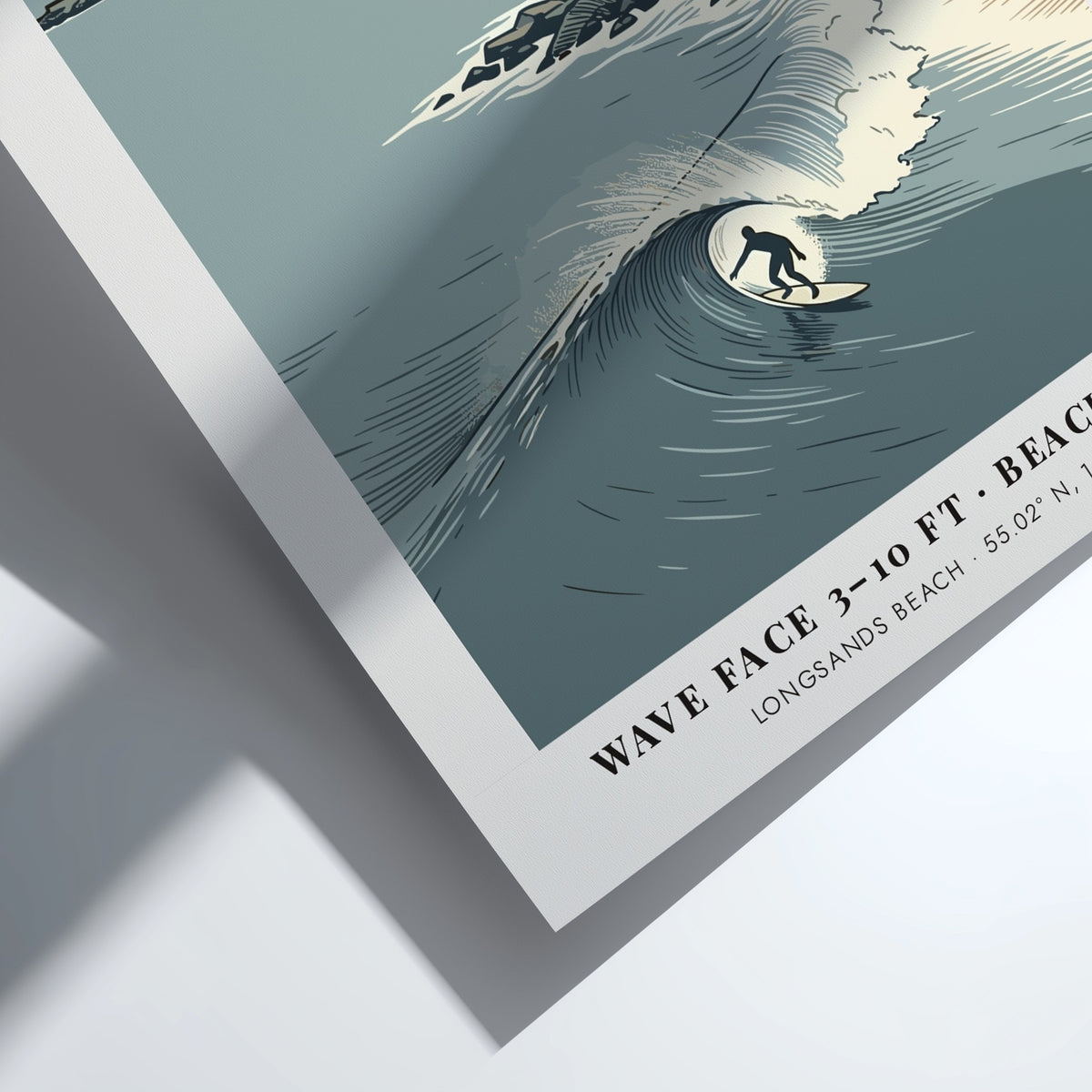 Poster of Tynemouth beach featuring a surfer, priory ruins, lighthouse, and deep blue waves.