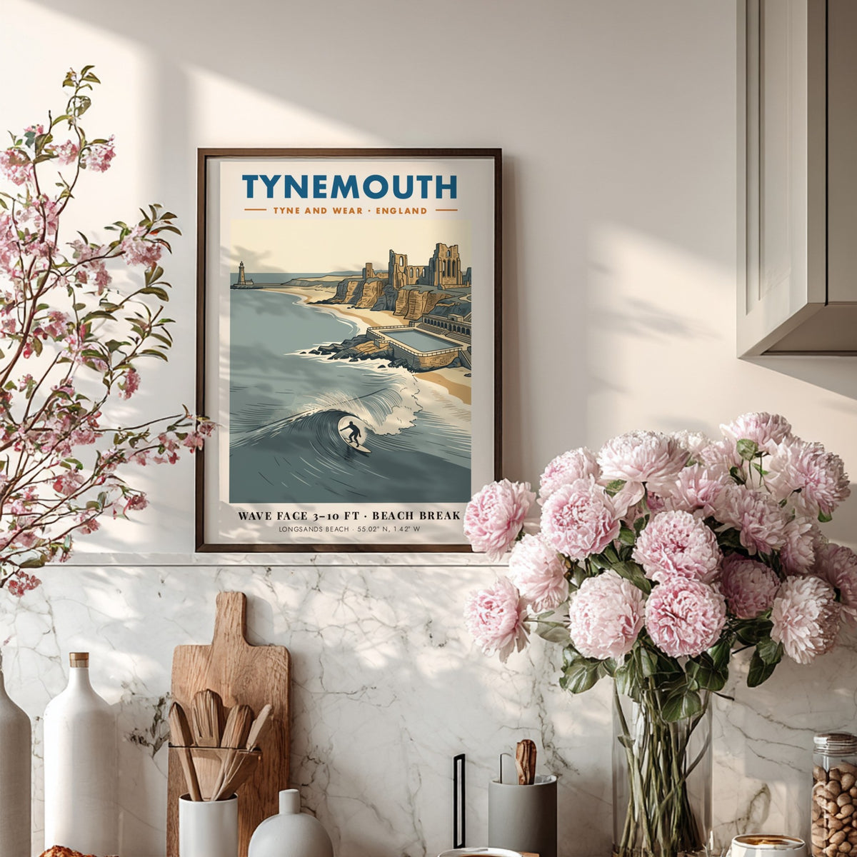 Poster of Tynemouth beach featuring a surfer, priory ruins, lighthouse, and deep blue waves.