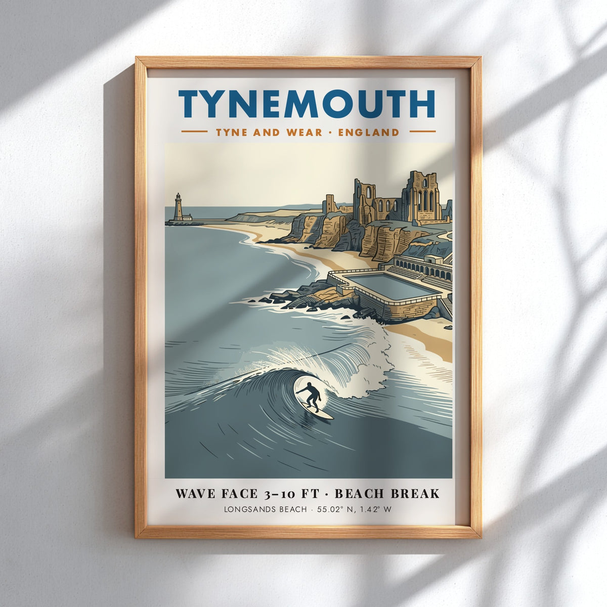 Poster of Tynemouth beach featuring a surfer, priory ruins, lighthouse, and deep blue waves.