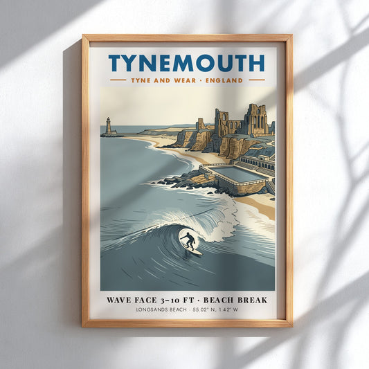 Poster of Tynemouth beach featuring a surfer, priory ruins, lighthouse, and deep blue waves.