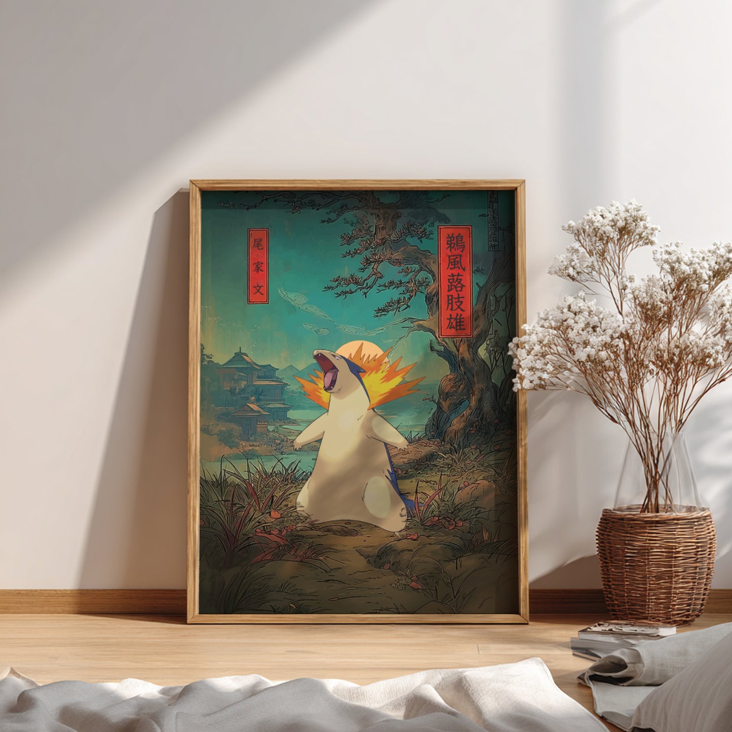 Framed artwork of Typhlosion Pokemon with a scenic background on a wall.