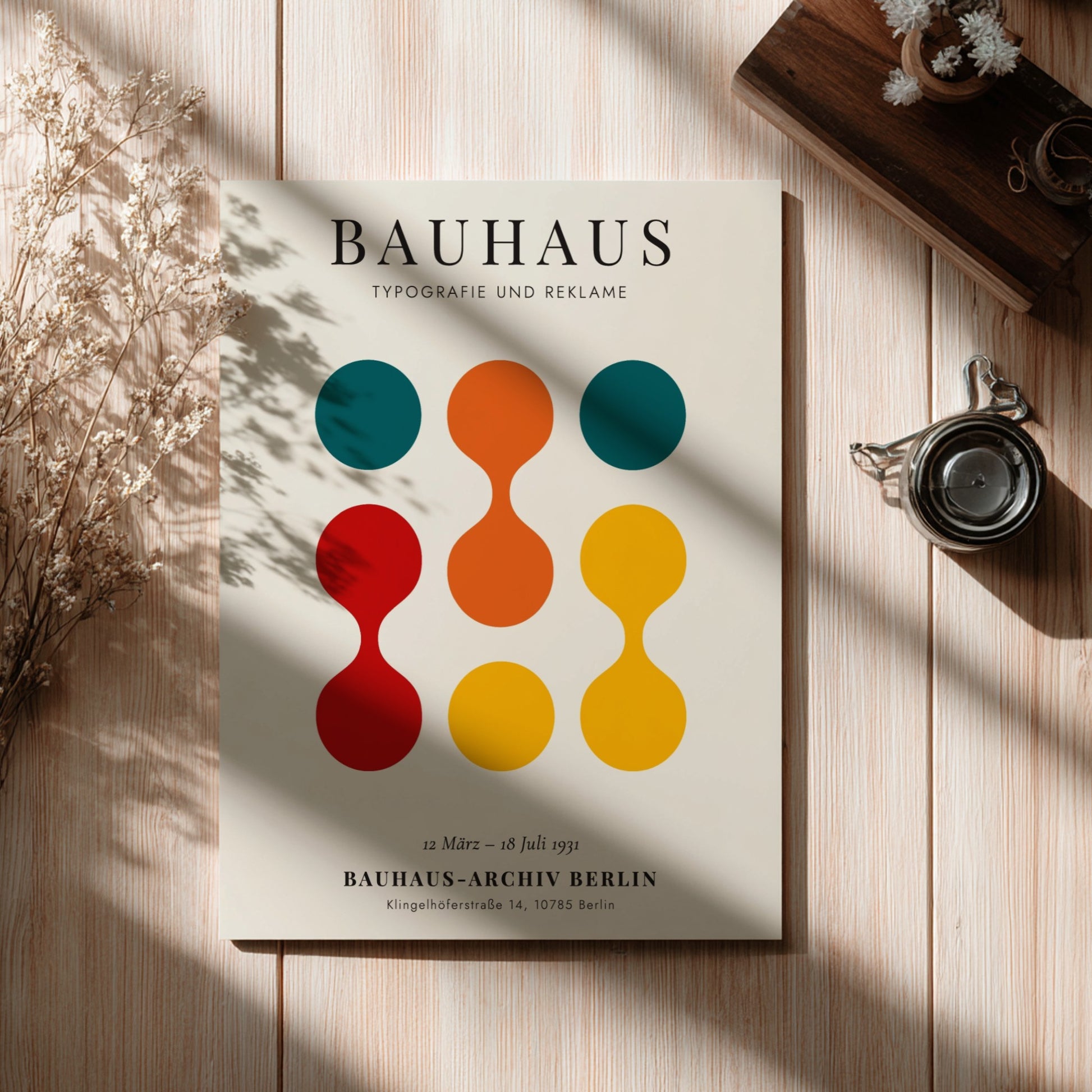 Bauhaus poster featuring vibrant colors and geometric shapes, ideal for wall decor.