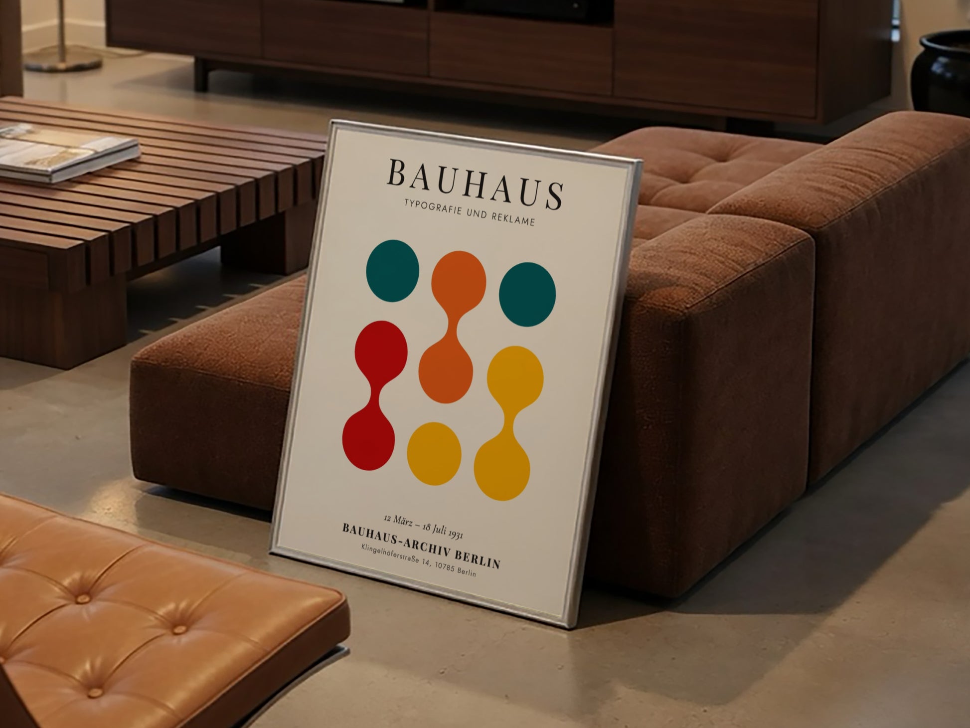 Bauhaus poster featuring vibrant colors and geometric shapes, ideal for wall decor.