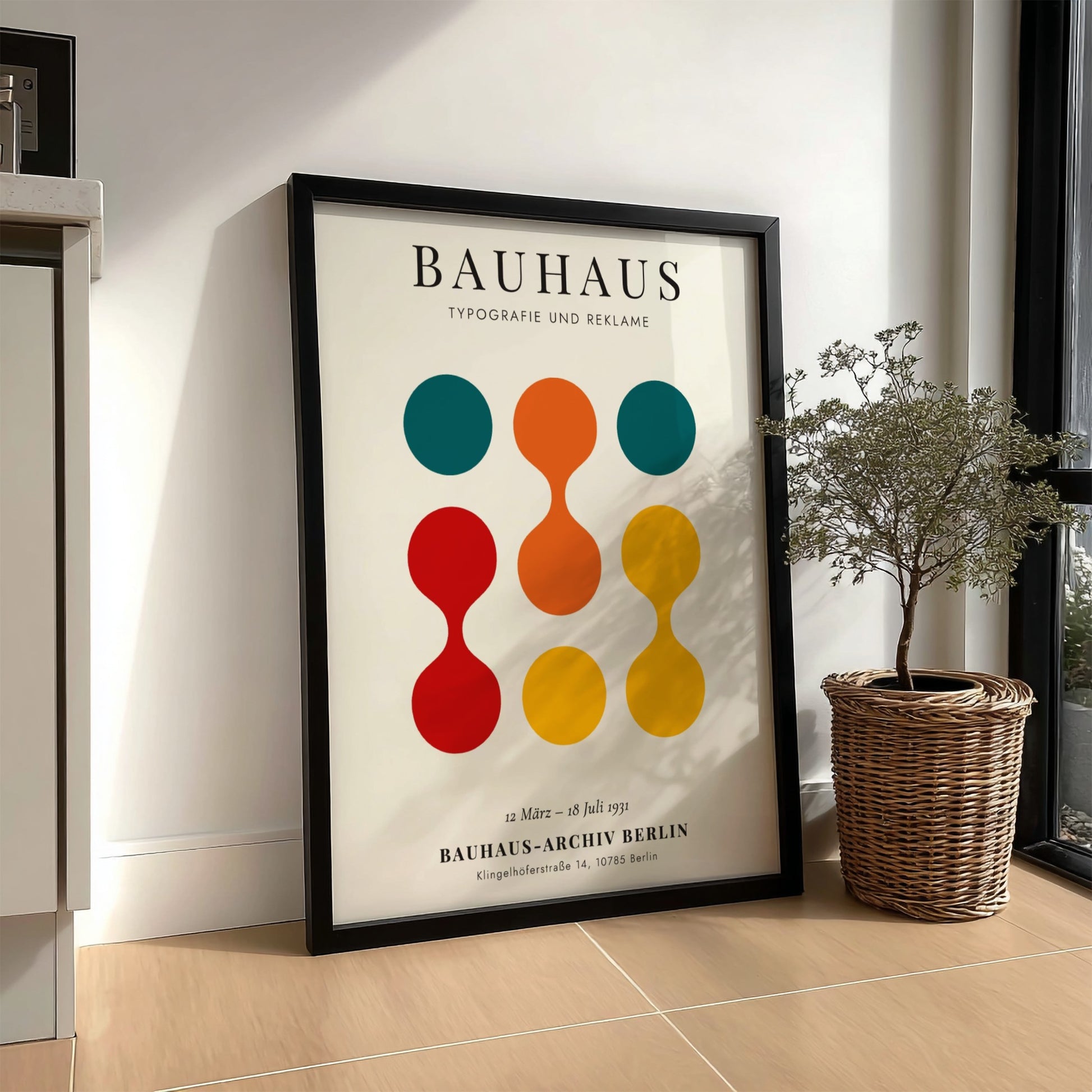 Bauhaus poster featuring vibrant colors and geometric shapes, ideal for wall decor.