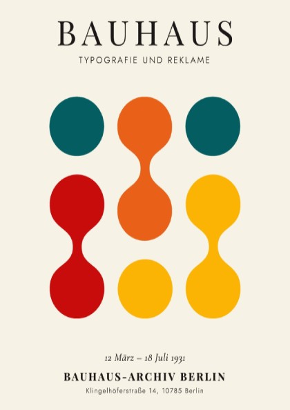 Bauhaus poster featuring vibrant colors and geometric shapes, ideal for wall decor.