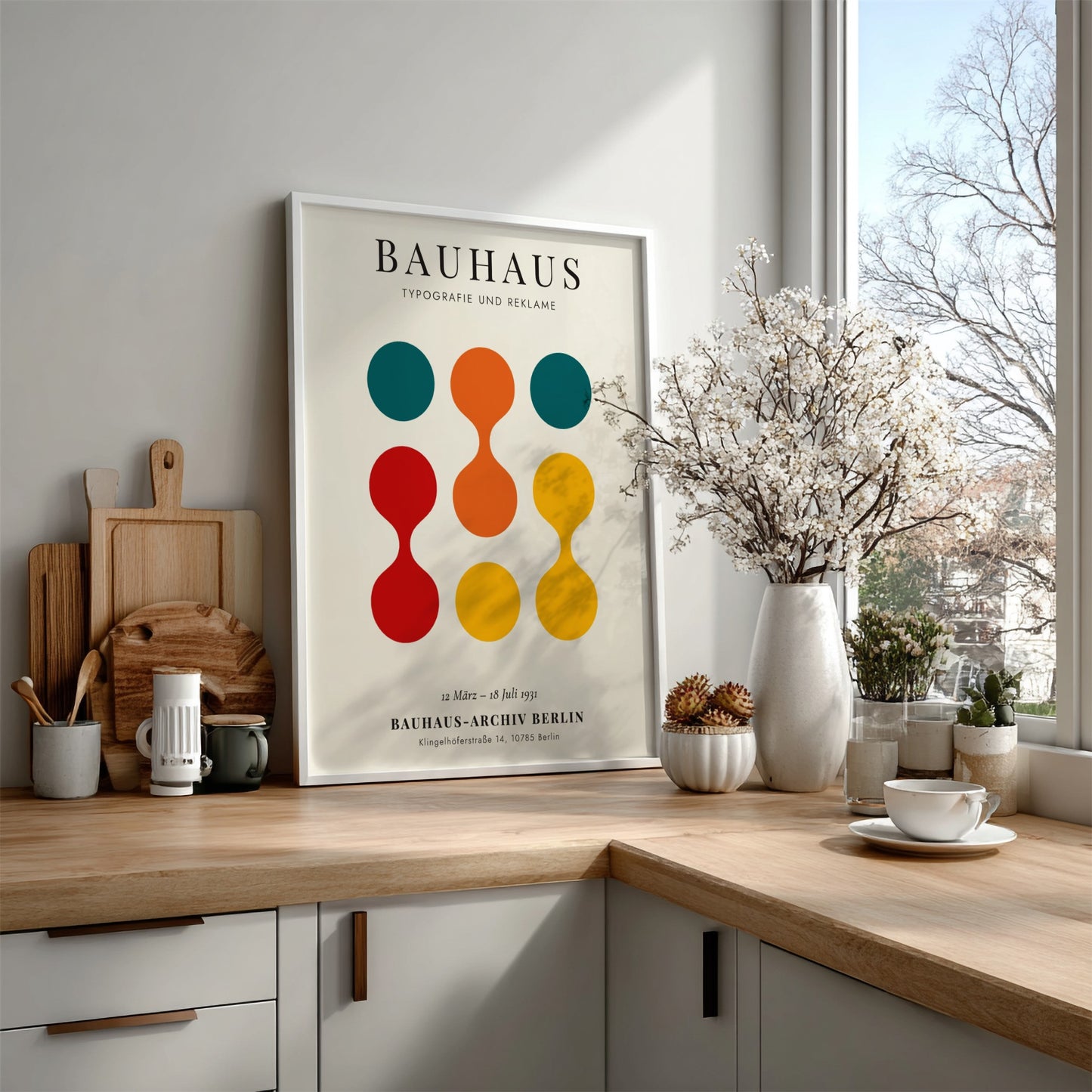 Bauhaus poster featuring vibrant colors and geometric shapes, ideal for wall decor.