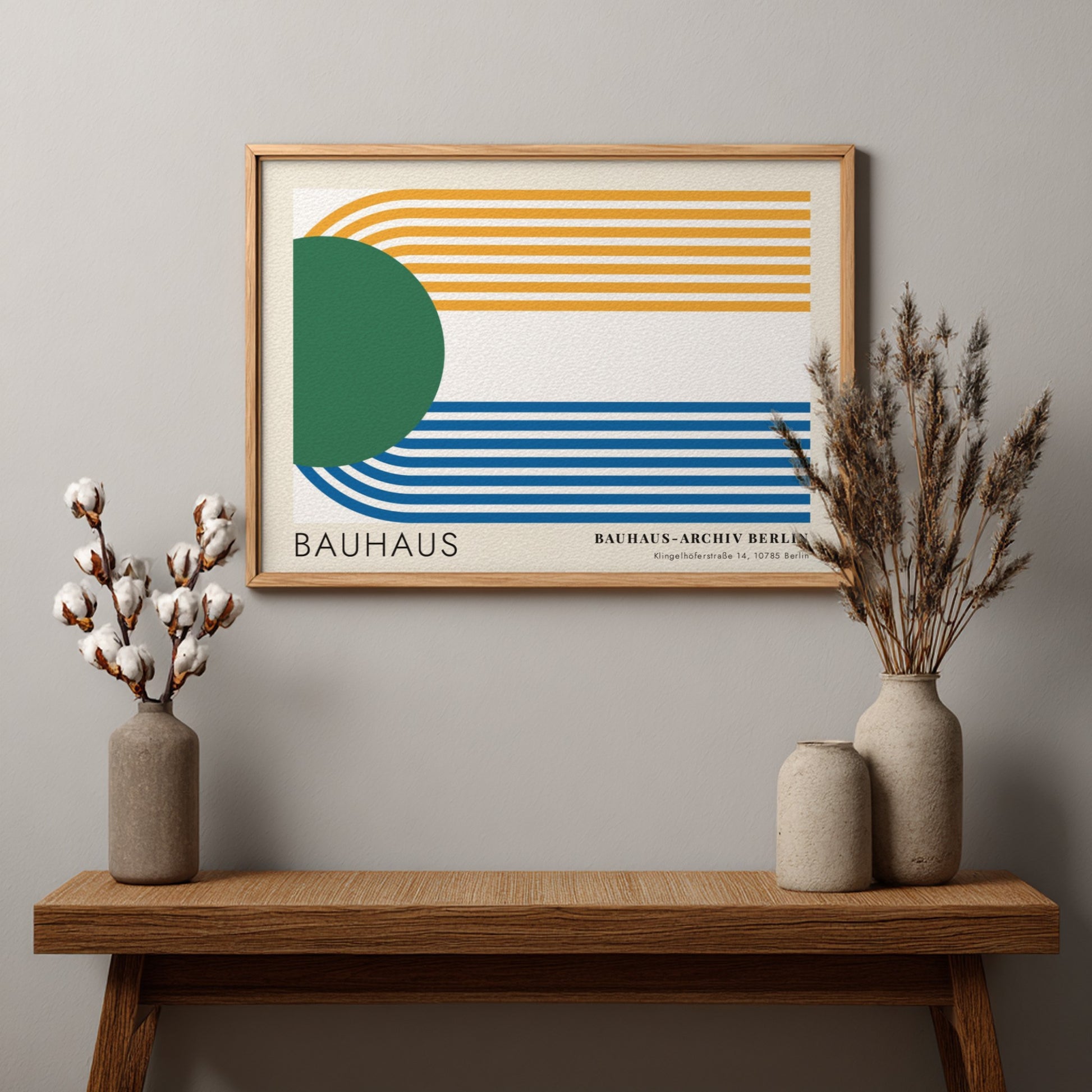 Wall art poster featuring a green circle and blue and yellow parallel lines.