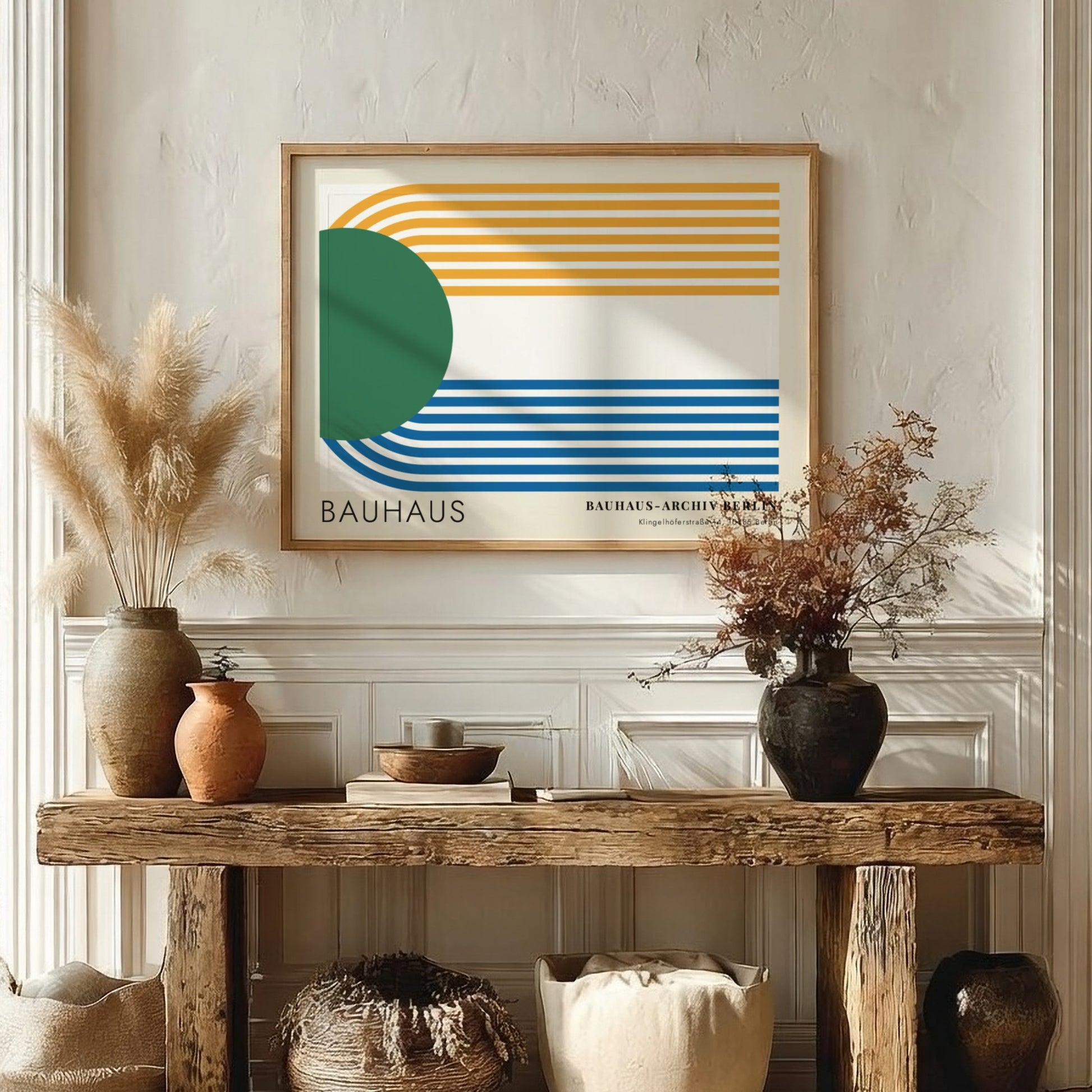 Wall art poster featuring a green circle and blue and yellow parallel lines.