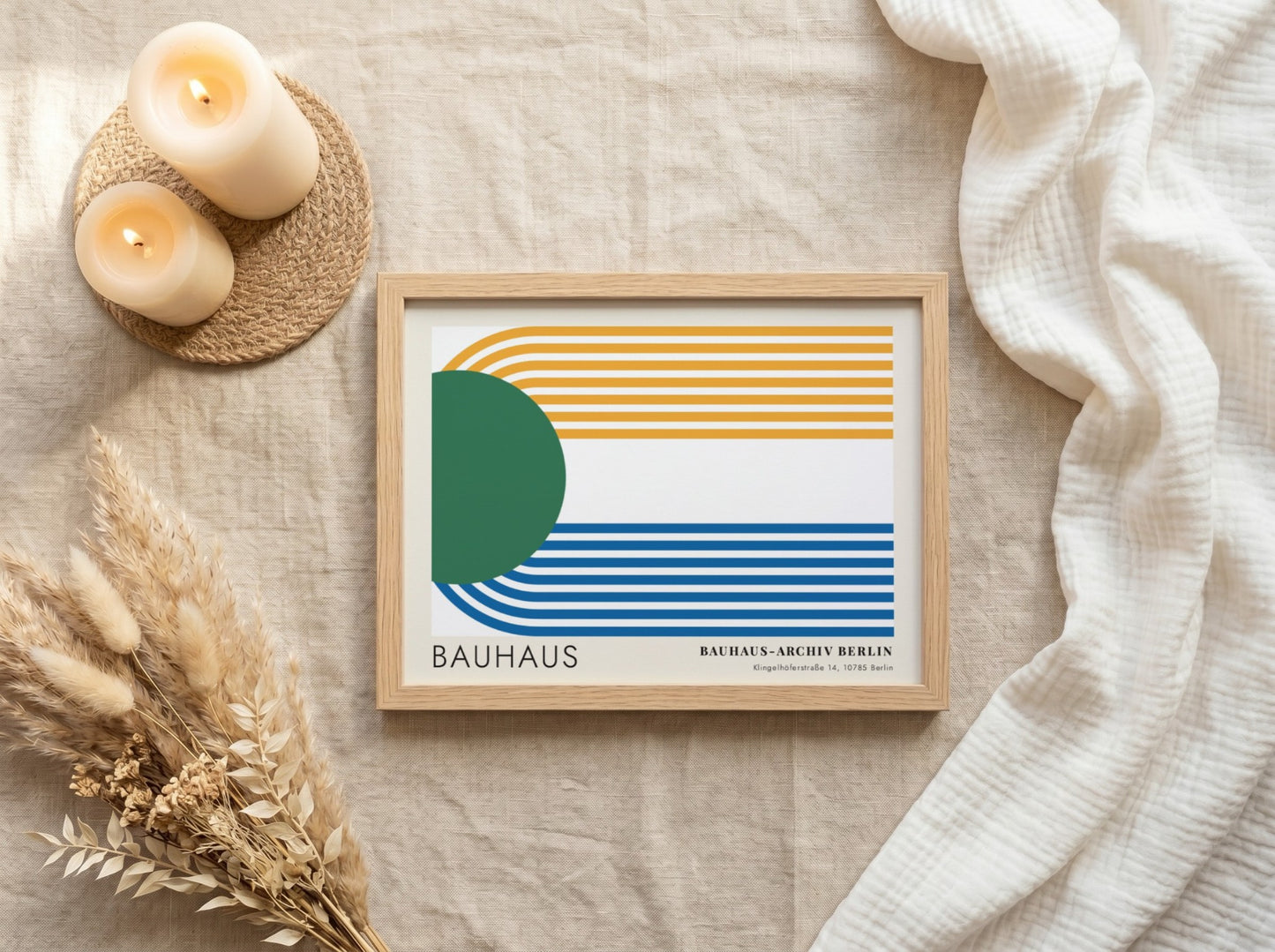 Wall art poster featuring a green circle and blue and yellow parallel lines.