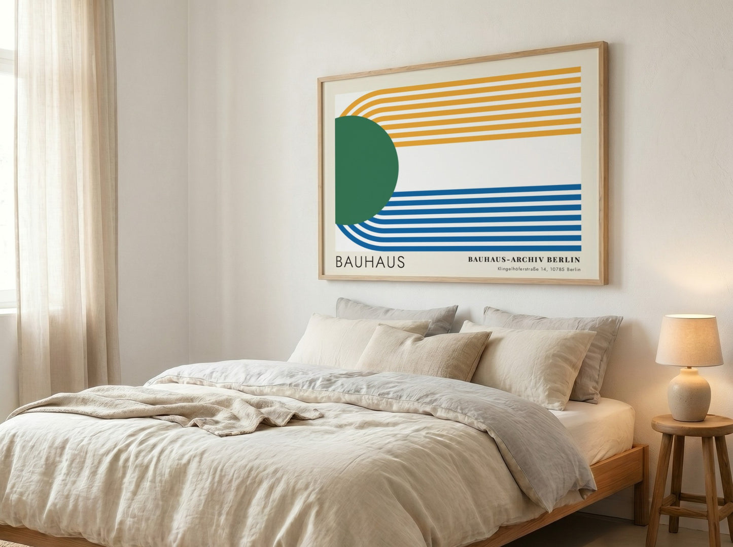 Wall art poster featuring a green circle and blue and yellow parallel lines.