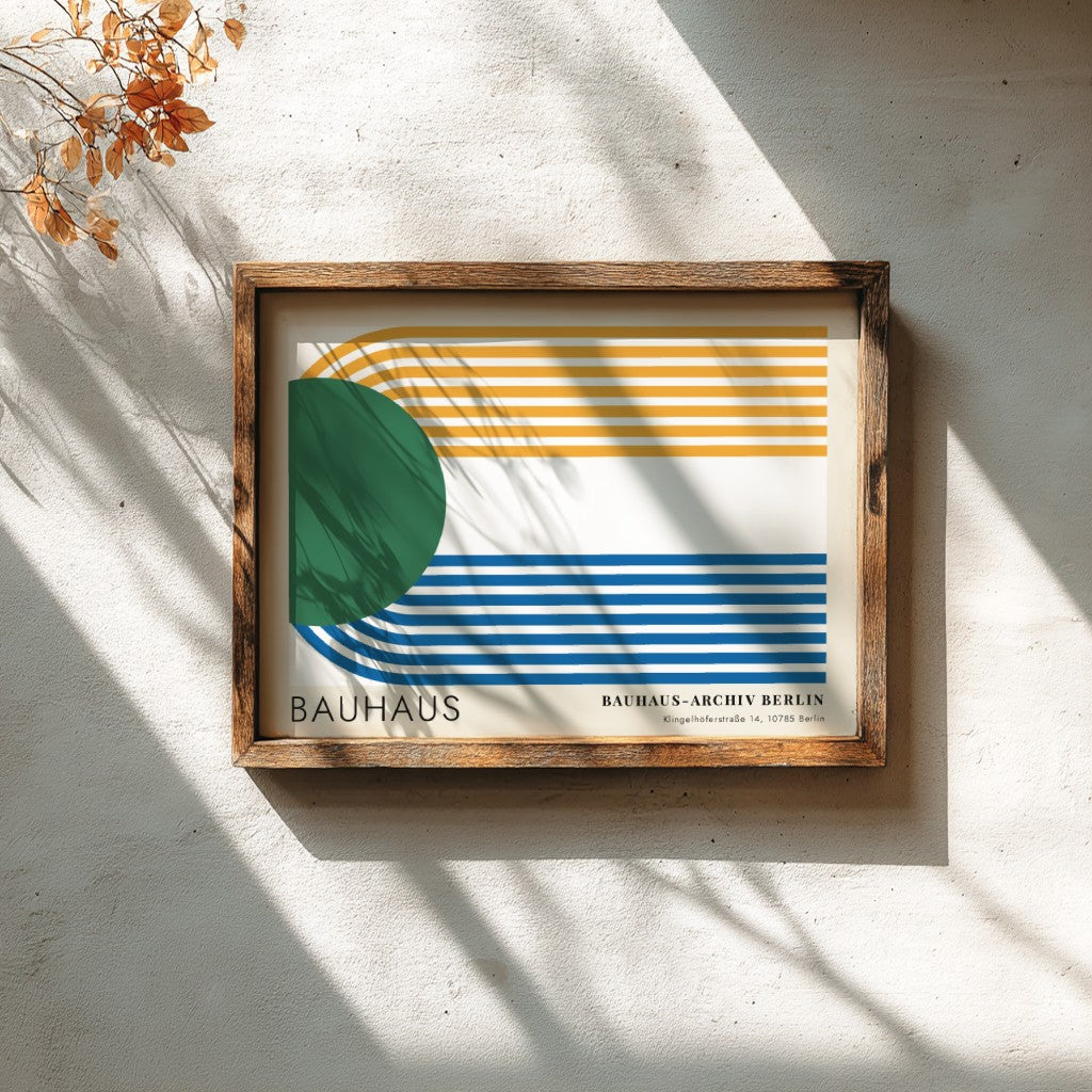 Wall art poster featuring a green circle and blue and yellow parallel lines.