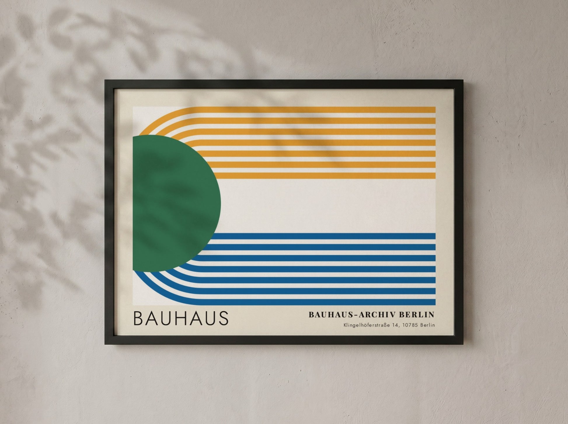 Wall art poster featuring a green circle and blue and yellow parallel lines.
