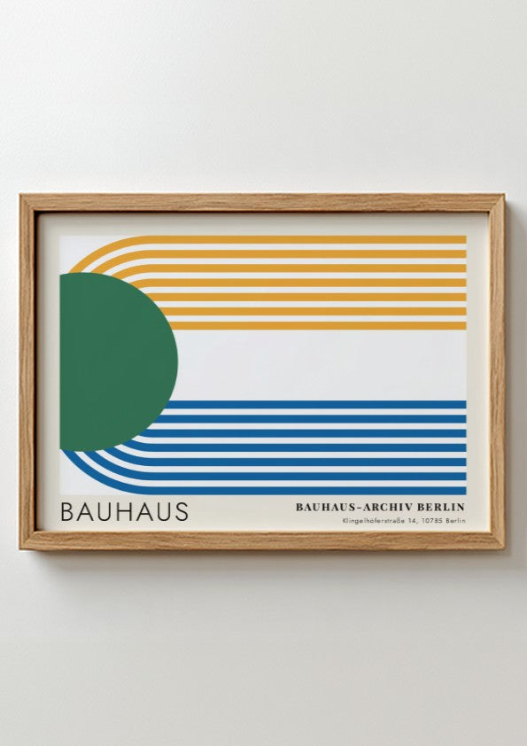 Wall art poster featuring a green circle and blue and yellow parallel lines.