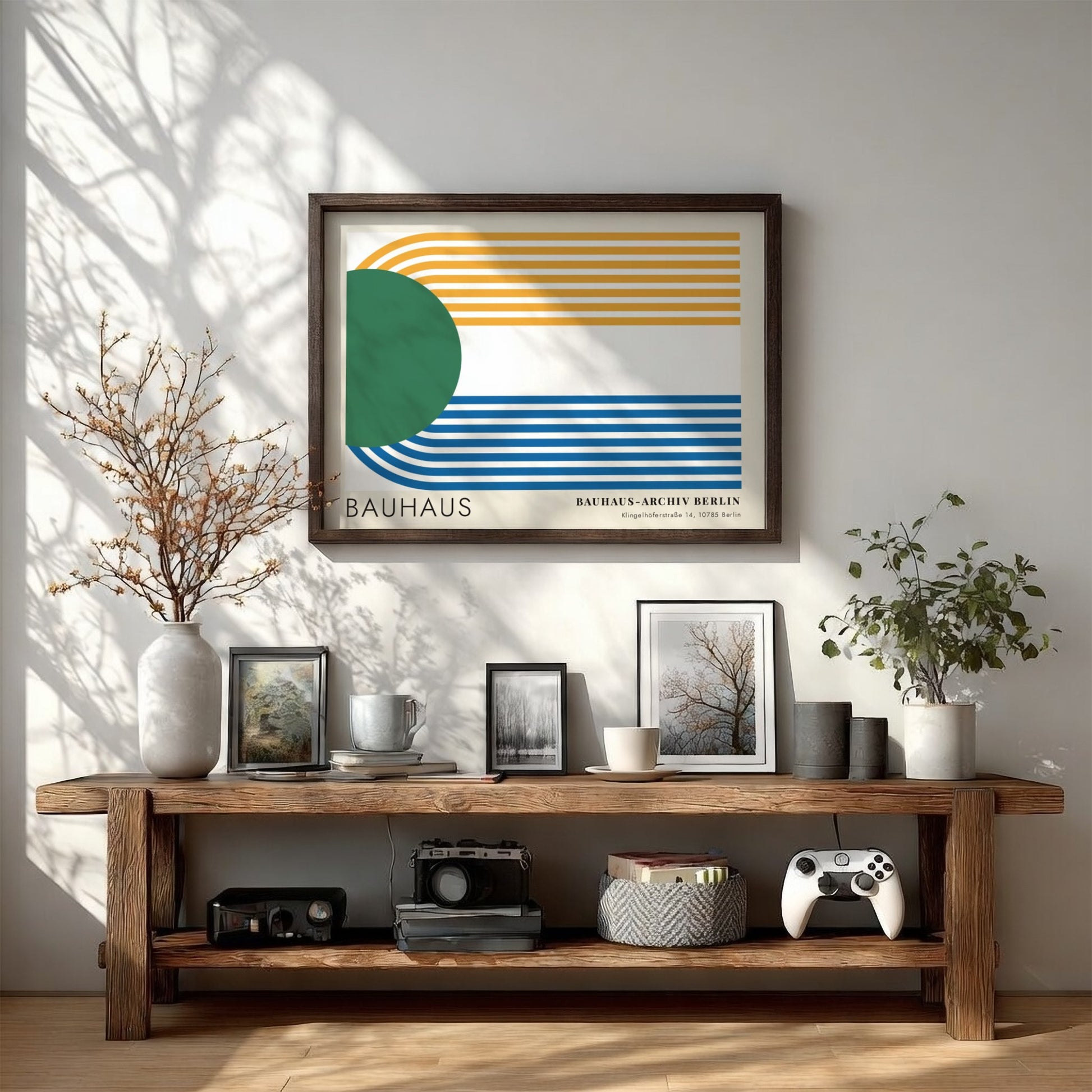 Wall art poster featuring a green circle and blue and yellow parallel lines.